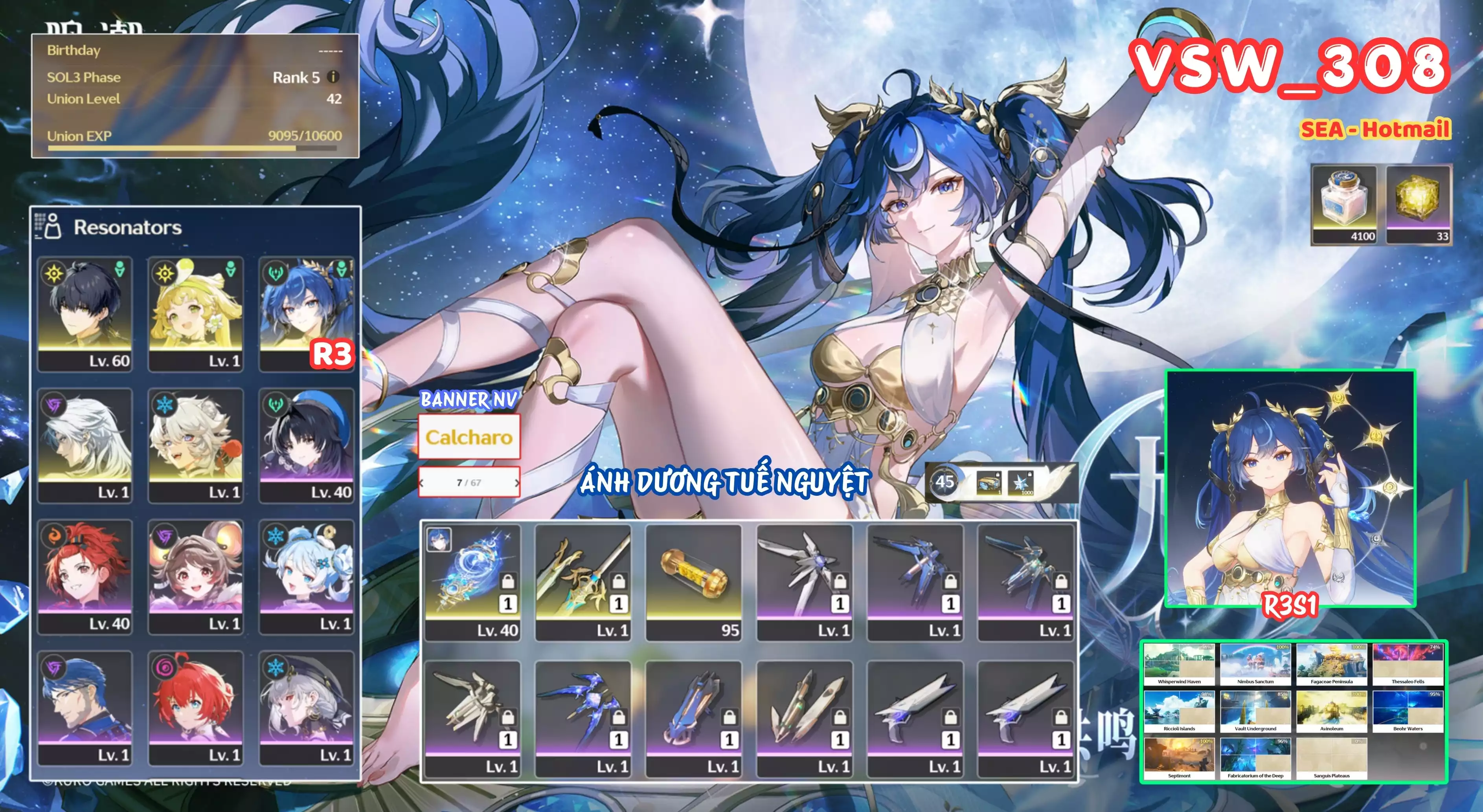 [ VSW_308 SIÊU PHẨM THƯƠNG HẢI TUYẾT NGUYỆT / MAIN NAM! ] IUNO R3 TRẤN + CALCHARO + VERINA + LINGYANG. 7 TRANG BANNER LIMIT CÓ BẢO HIỂM. 33 NHỰA. CÒN NHIỀU QUEST / EVENT!!