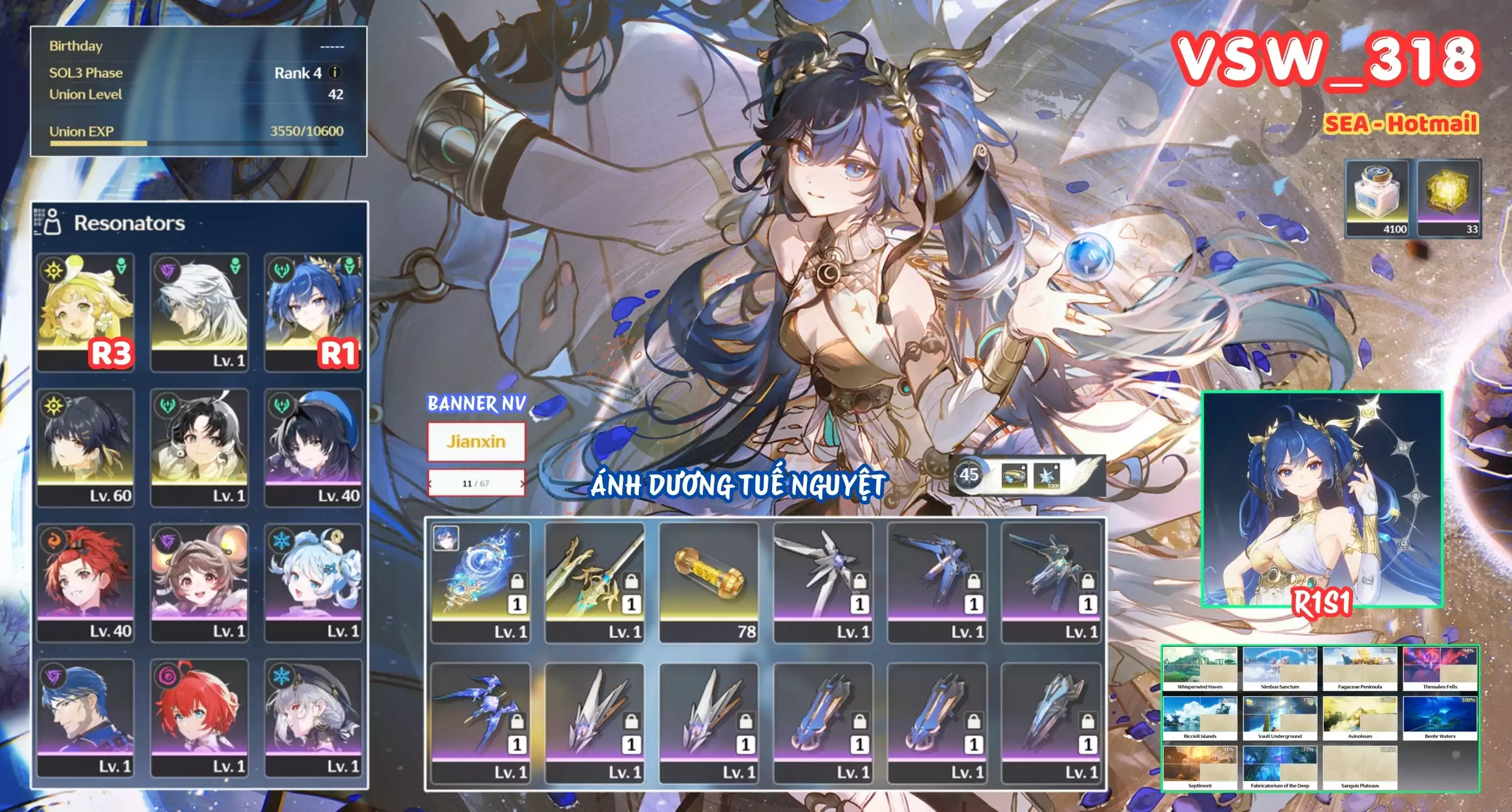 [ VSW_318 SIÊU PHẨM THƯƠNG HẢI TUYẾT NGUYỆT ] IUNO R1 TRẤN + CALCHARO + VERINA R3 + JIANXIN. 33 NHỰA. 11 TRANG BANNER LIMIT CÓ BẢO HIỂM. CÒN NHIỀU QUEST / EVENT!!