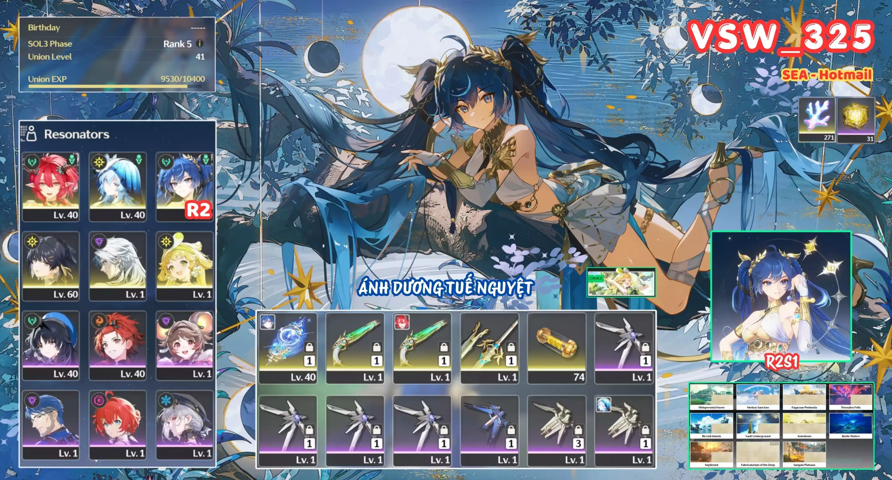 [ VSW_325 SIÊU PHẨM THƯƠNG HẢI TUYẾT NGUYỆT ] IUNO R2 TRẤN + SHOREKEEPER + CIACCONA TRẤN + VERINA + CALCHARO. -{ 270 TẢO TÍM }- 33 NHỰA. ZIN BANNER 5* TỰ CHỌN. CÒN NHIỀU QUEST / EVENT!!