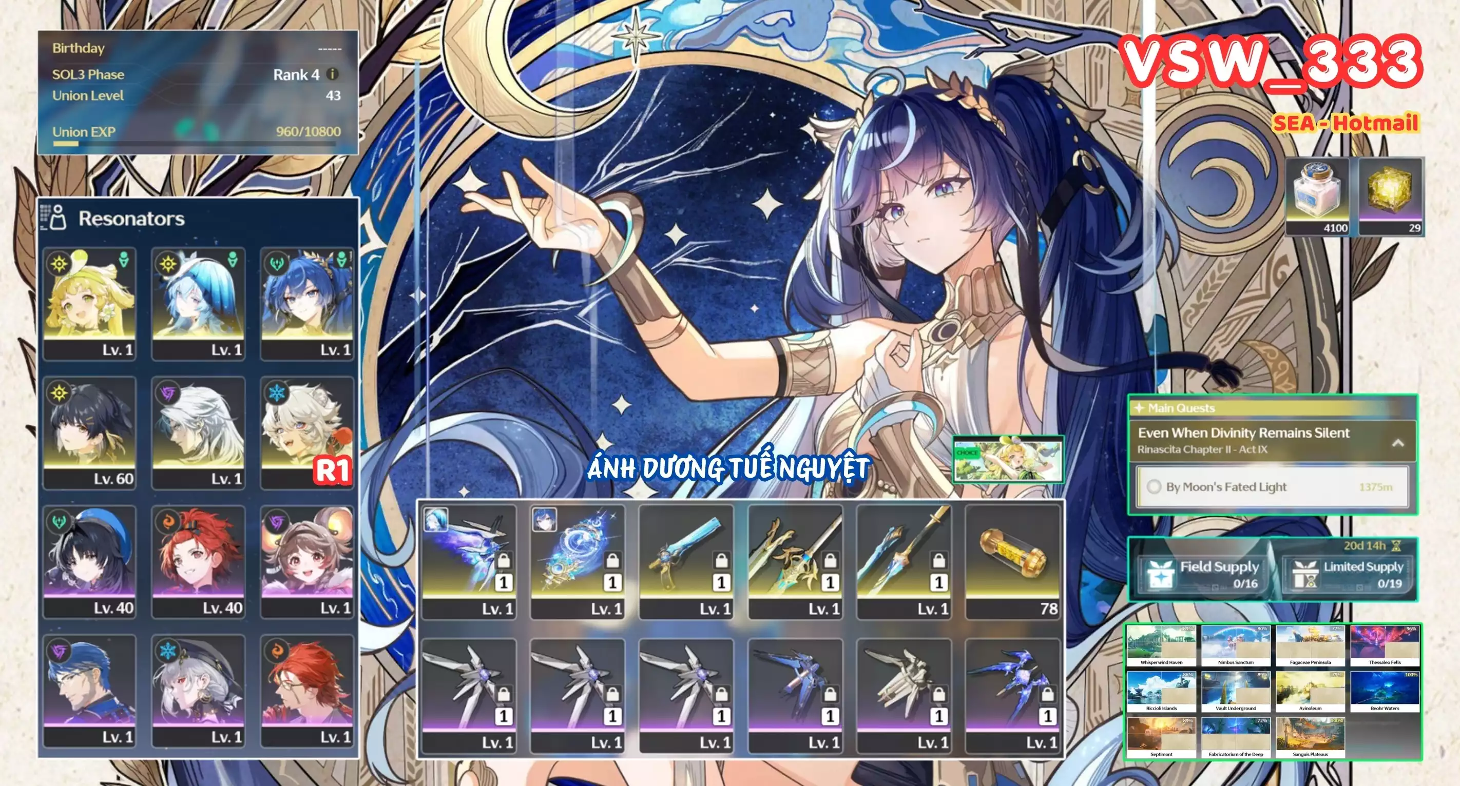 [ VSW_333 SIÊU PHẨM THƯƠNG HẢI TUYẾT NGUYỆT ] IUNO TRẤN + SHOREKEEPER TRẤN + VERINA + CALCHARO + LINGYANG R1 + MAIN TRẤN. 29 NHỰA. ZIN BANNER 5* TỰ CHỌN. CÒN NHIỀU QUEST / EVENT!!