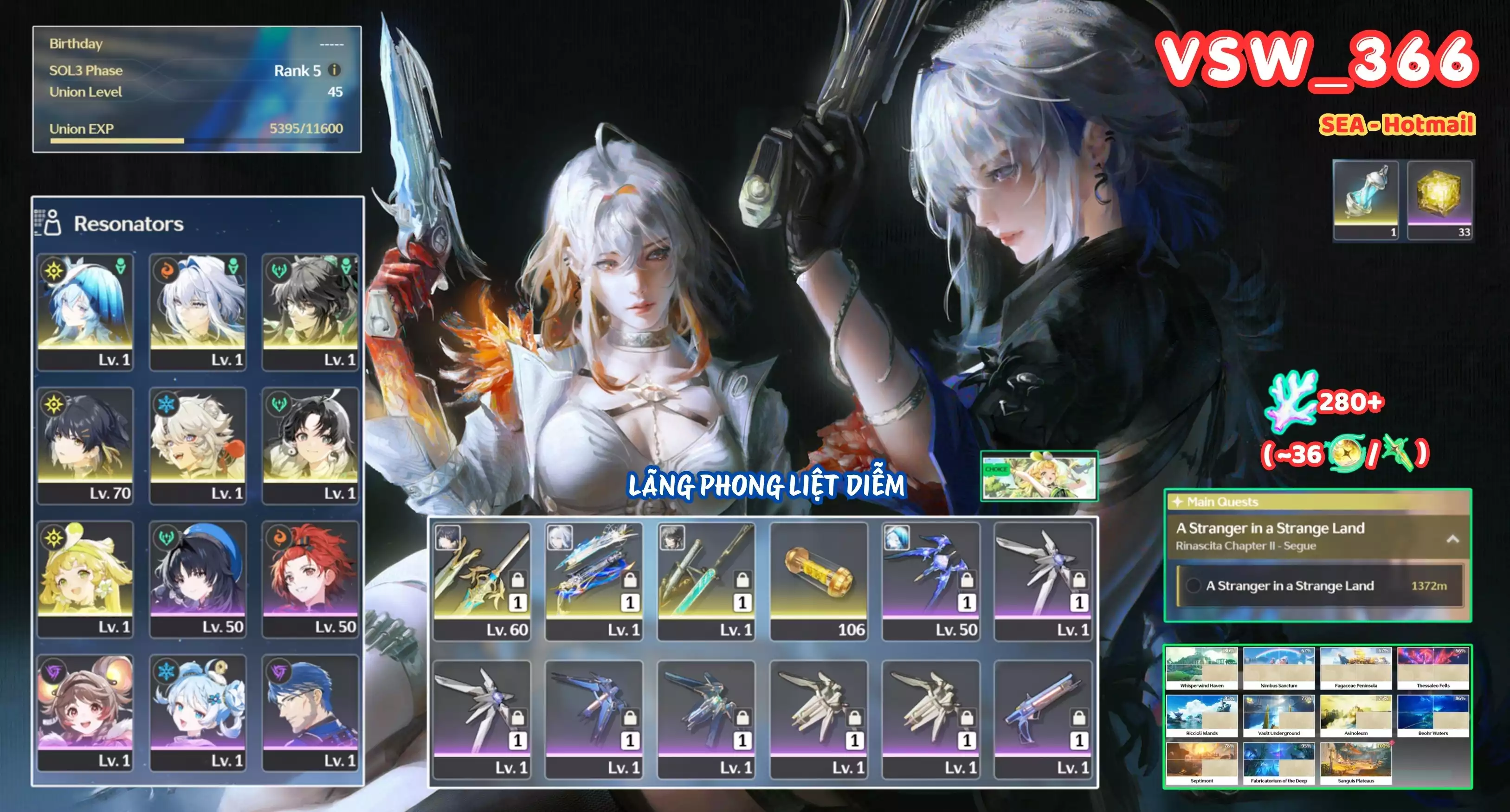 [ VSW_366 SIÊU PHẨM LÃNG PHONG LIỆT DIỄM ] GALBRENA TRẤN + QIUYUAN TRẤN + SHOREKEEPER + VERINA + JIANXIN + LINGYANG -{ 280+ TẢO TÍM }- 33 NHỰA. ZIN BANNER 5* TỰ CHỌN. CÒN NHIỀU QUEST / EVENT!!