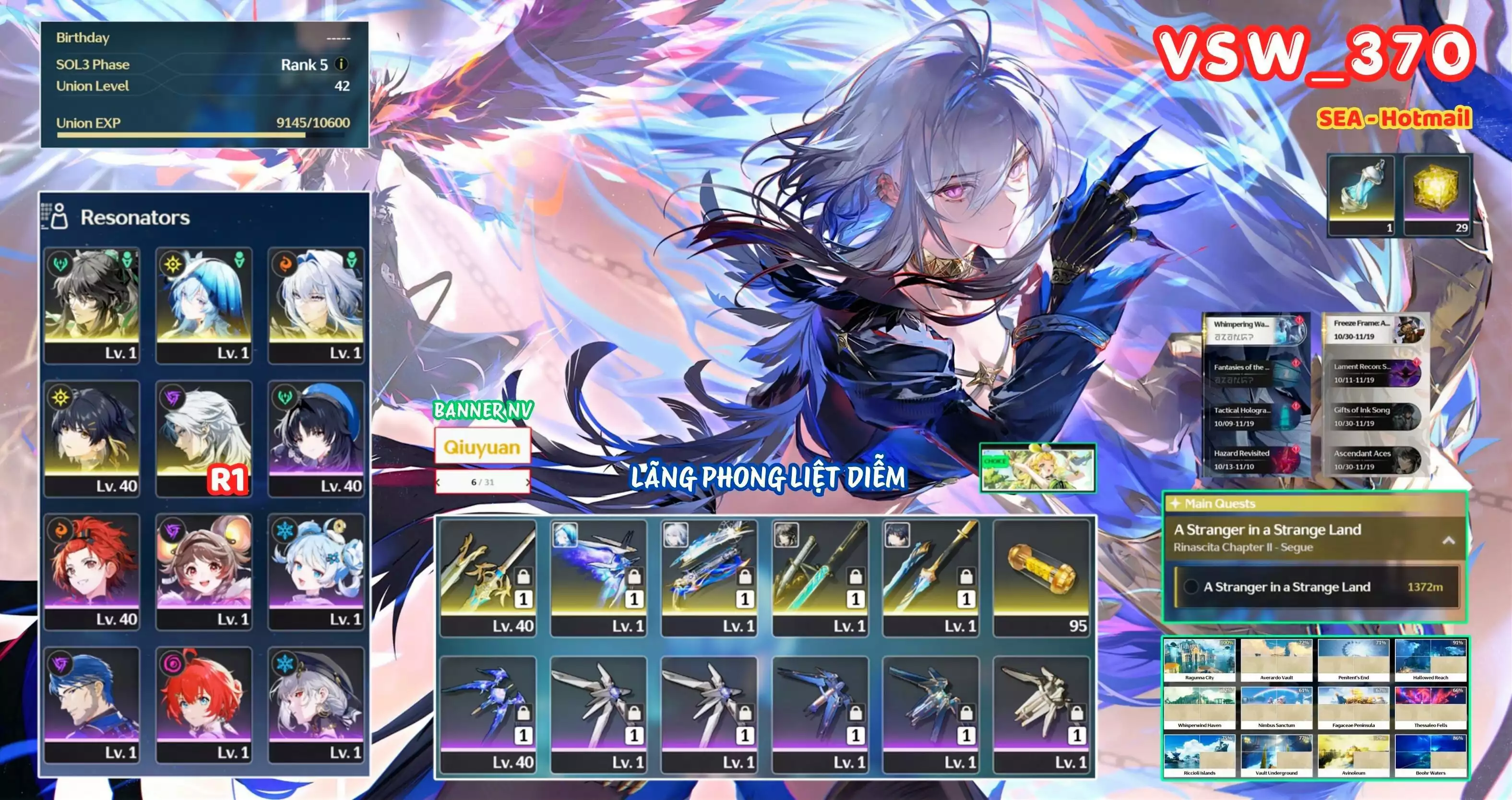 [ VSW_370 SIÊU PHẨM LÃNG PHONG LIỆT DIỄM ] GALBRENA TRẤN + QIUYUAN TRẤN + SHOREKEEPER TRẤN + CALCHARO R1 + MAIN TRẤN. 6 TRANG BANNER LIMIT. 29 NHỰA. ZIN BANNER 5* TỰ CHỌN. CÒN NHIỀU QUEST / EVENT!!