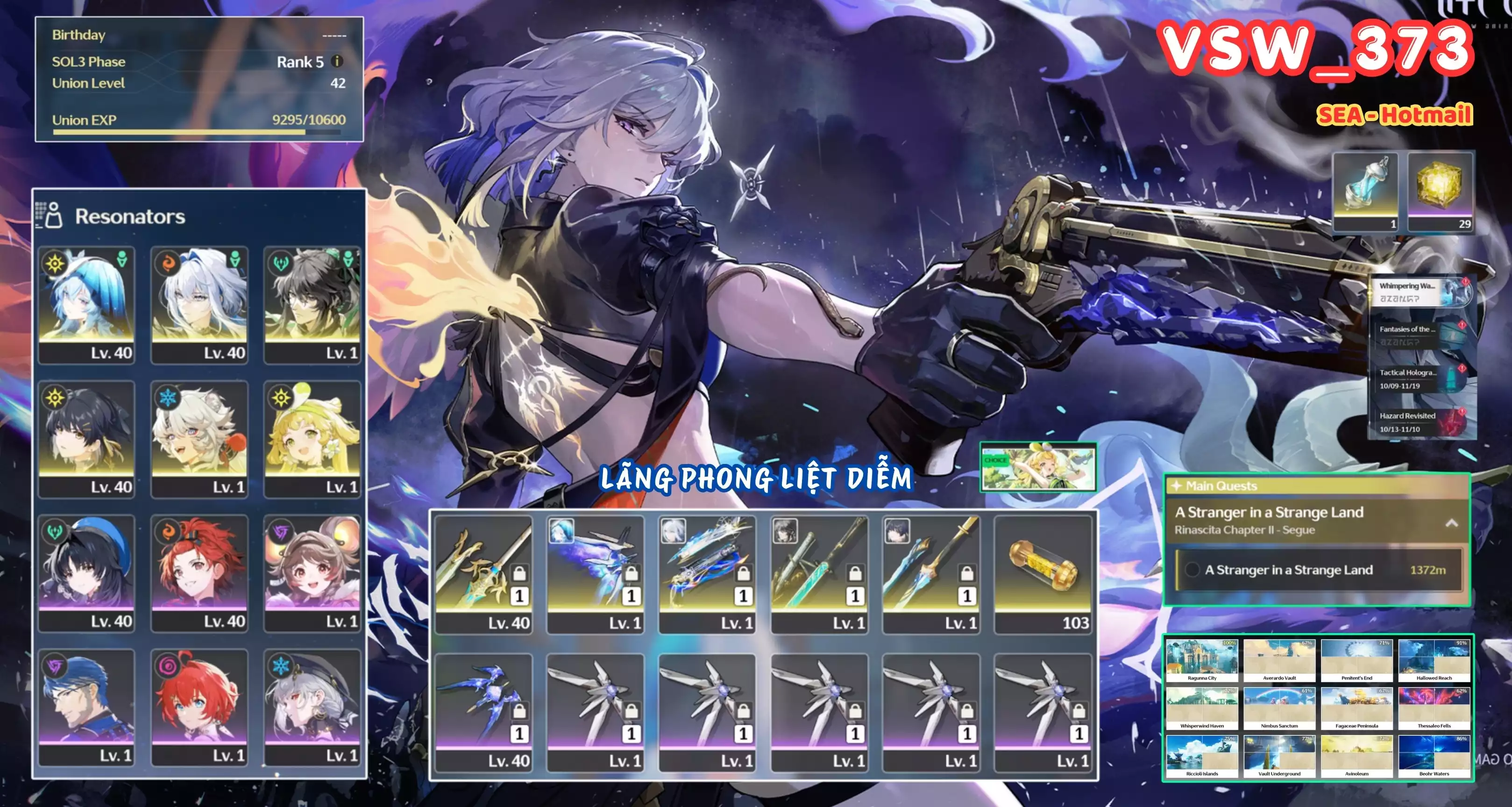 [ VSW_373 SIÊU PHẨM LÃNG PHONG LIỆT DIỄM ] GALBRENA TRẤN + QIUYUAN TRẤN + SHOREKEEPER TRẤN + VERINA + LINGYANG + MAIN TRẤN. 29 NHỰA. ZIN BANNER 5* TỰ CHỌN. CÒN NHIỀU QUEST / EVENT!!