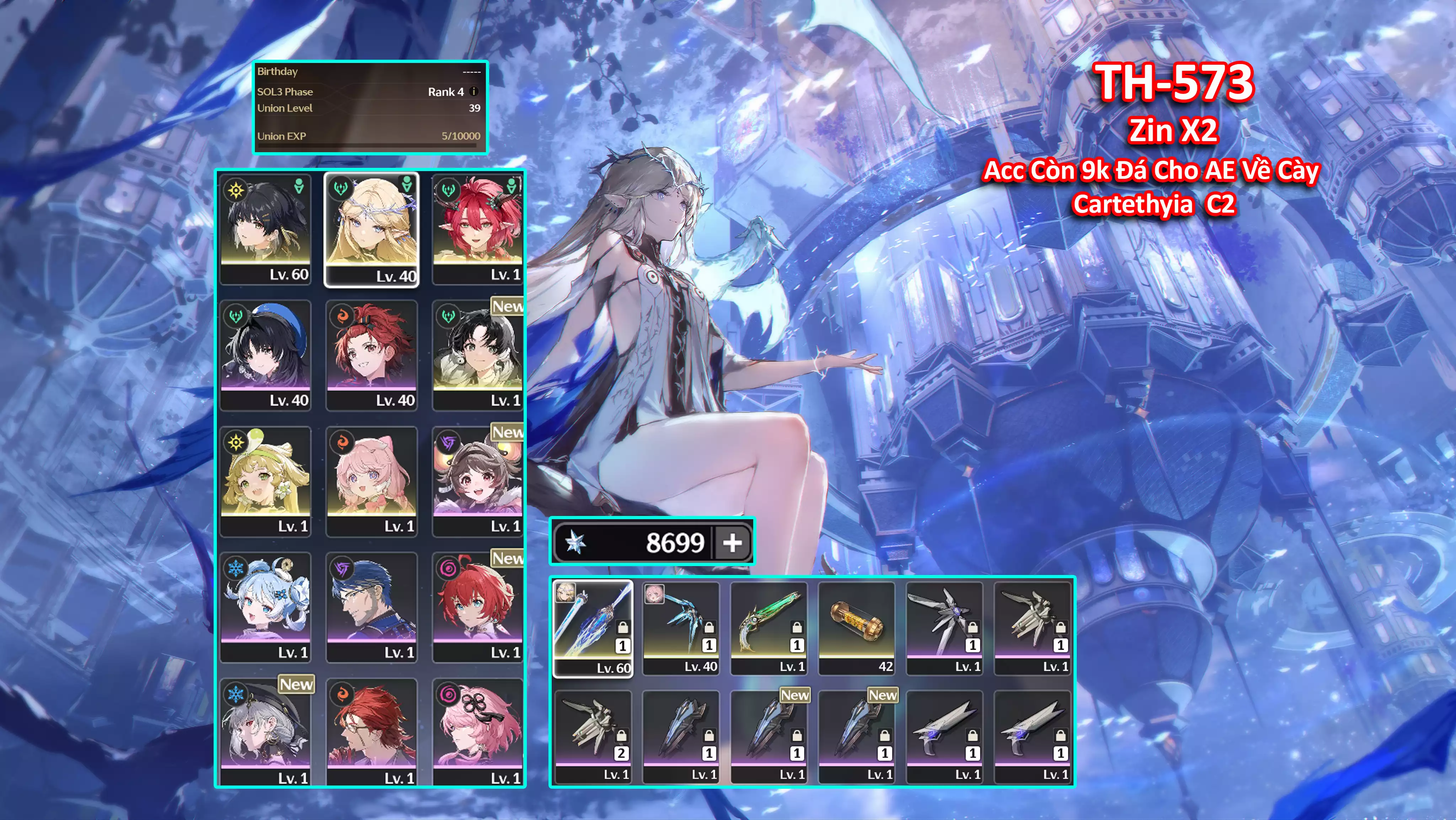 [Siêu Phẩm Char META S ] TH-573 Cartethyia (Trấn) + Ciaccona (Trấn) + Verina (Trấn) + Encore + Jianxin + 10K đá + Zin map + event từ 2.4 đến giờ