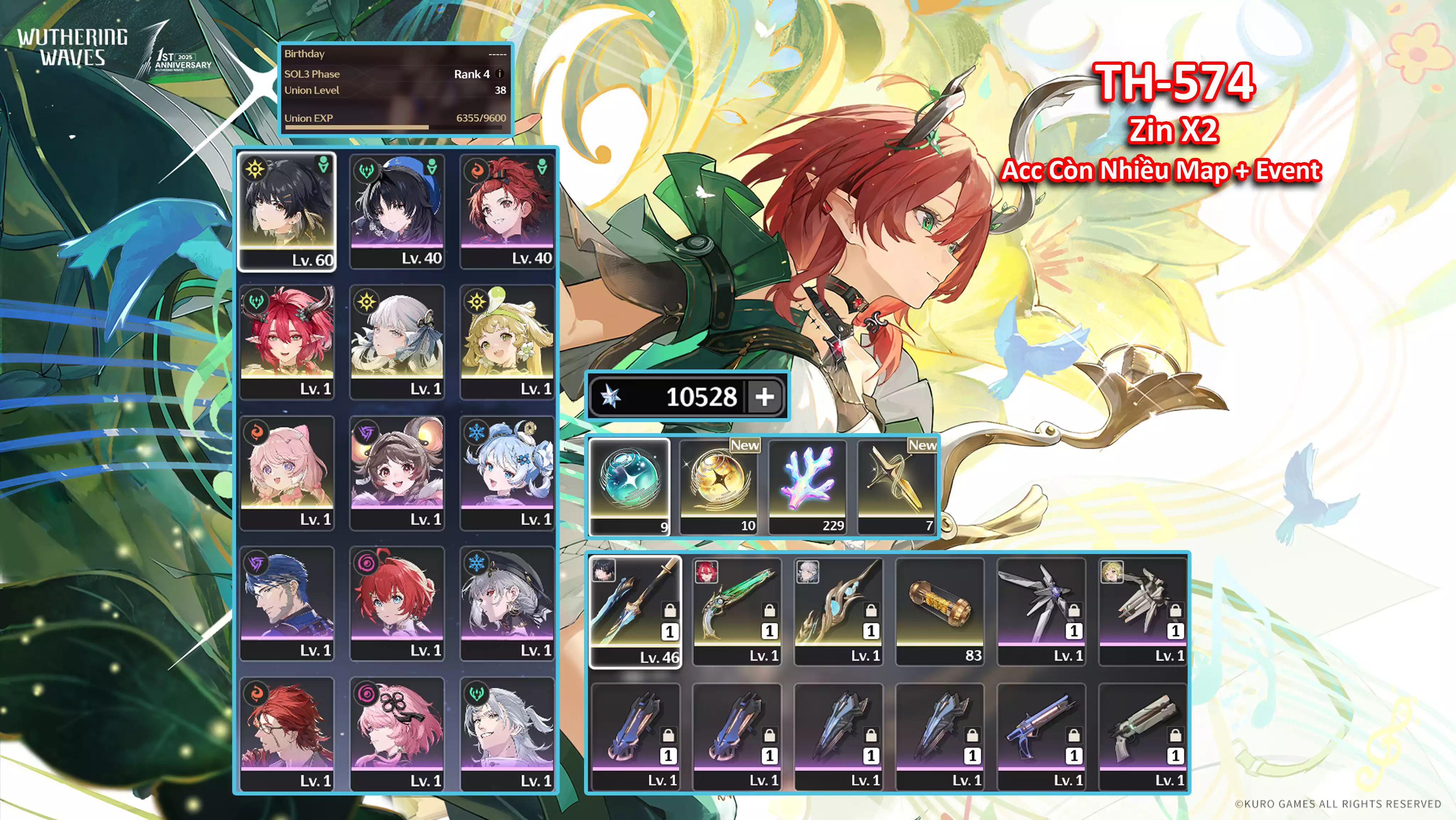 [Siêu Phẩm ] TH-574 Jinhsi (Trấn) + Ciaccona (Trấn) + Verina + Encore + Main (Trấn) + 11K đá + roll + San hô + zin map từ 2.4