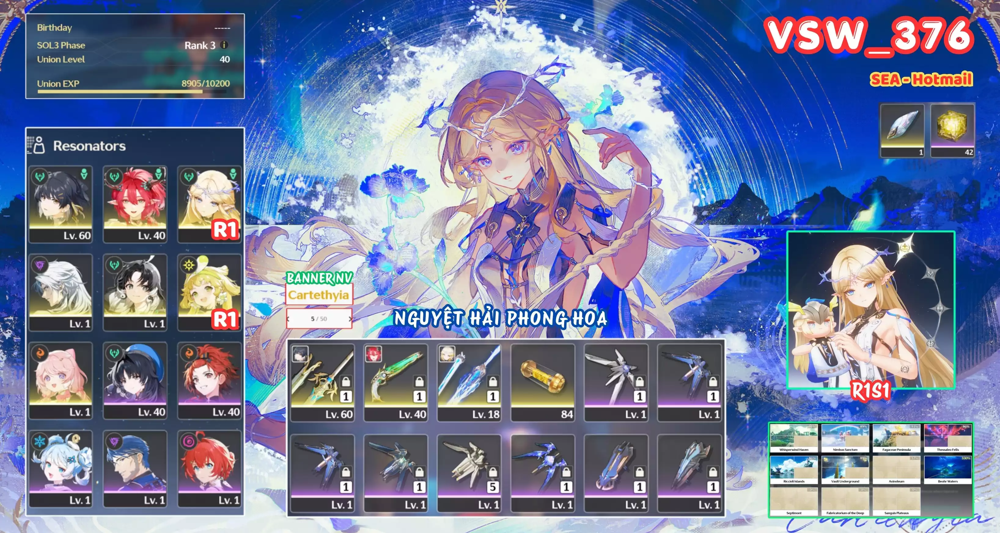 [ VSW_376 SIÊU PHẨM NGUYỆT HẢI PHONG HOA ] CARTETHYIA R1 TRẤN + CIACCONA TRẤN + CALCHARO + JIANXIN + VERINA R1 + ENCORE. 5 TRANG BANNER LIMIT. 42 NHỰA. CÒN NHIỀU QUEST / EVENT!!