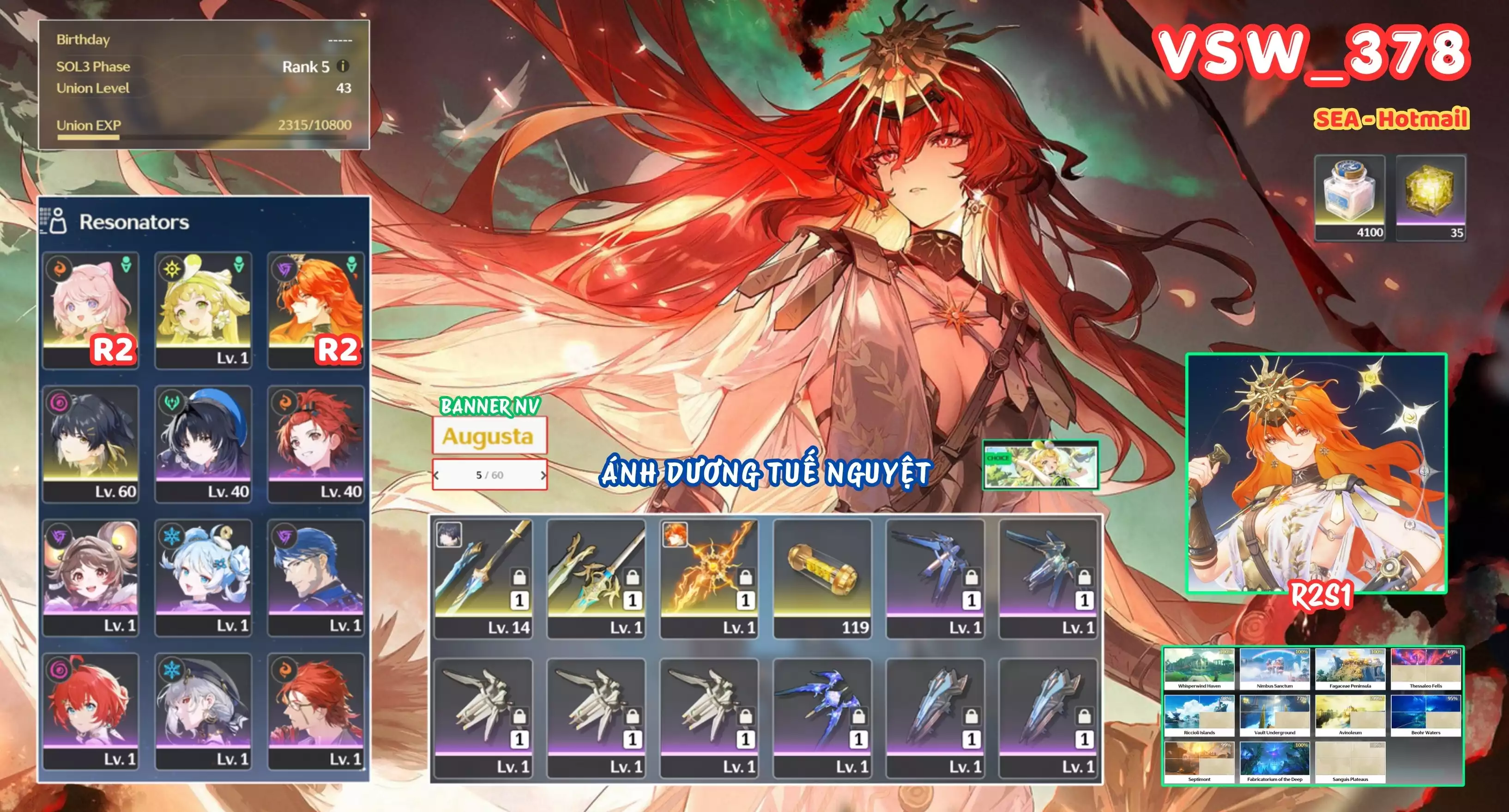 [ VSW_378 SIÊU PHẨM ÁNH DƯƠNG TUẾ NGUYỆT ] AUGUSTA R2 TRẤN + VERINA + ENCORE R2 + MAIN TRẤN. 5 TRANG BANNER LIMIT. 35 NHỰA. ZIN BANNER 5* TỰ CHỌN. CÒN NHIỀU QUEST / EVENT!