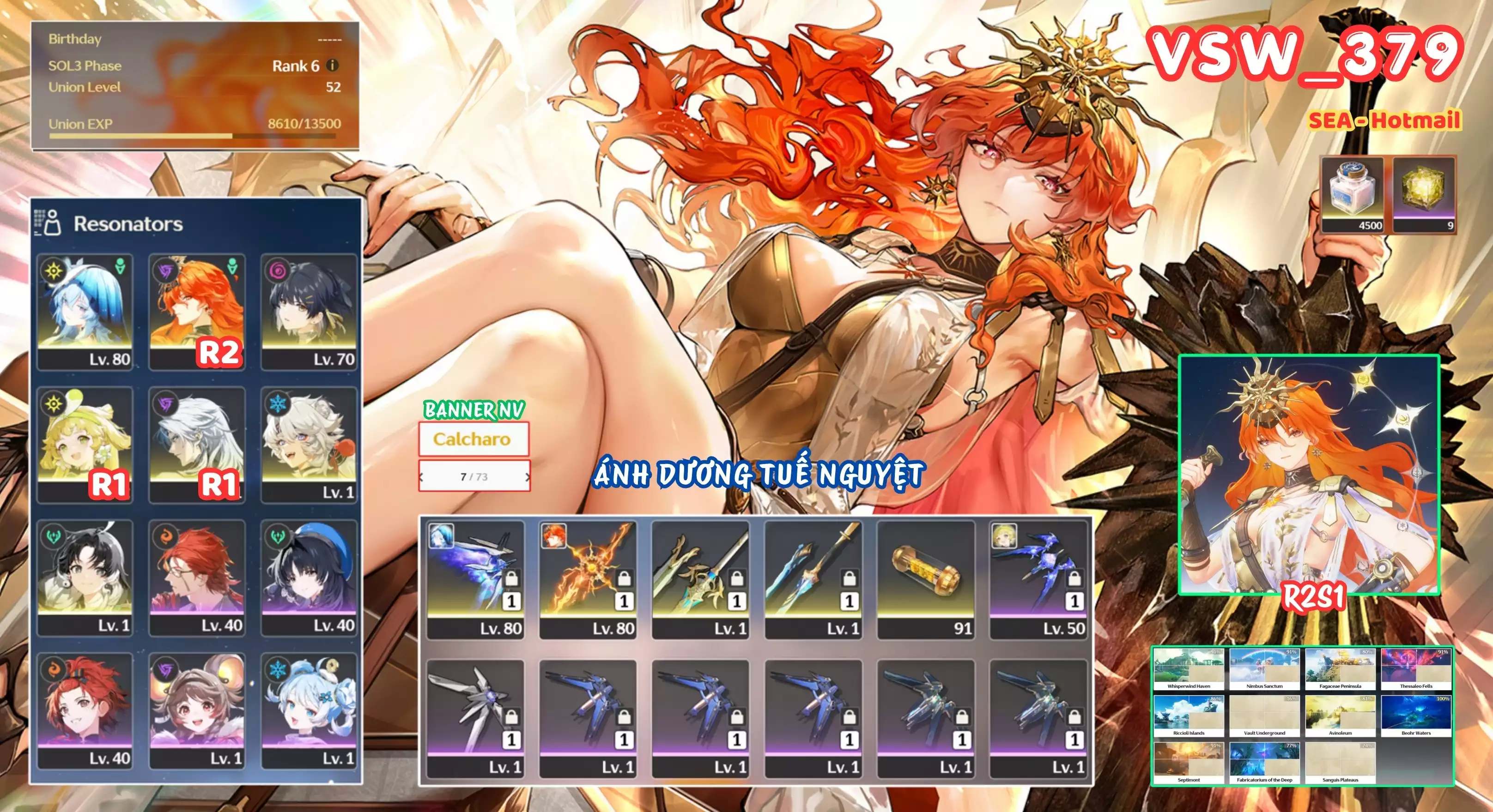 [ VSW_379 SIÊU PHẨM ÁNH DƯƠNG TUẾ NGUYỆT ] AUGUSTA R2 TRẤN + SHOREKEEPER TRẤN + VERINA R1 + CALCHARO R1 + MAIN TRẤN. 7 TRANG BANNER LIMIT CÓ BẢO HIỂM. 9 NHỰA. CÒN NHIỀU QUEST / EVENT!!