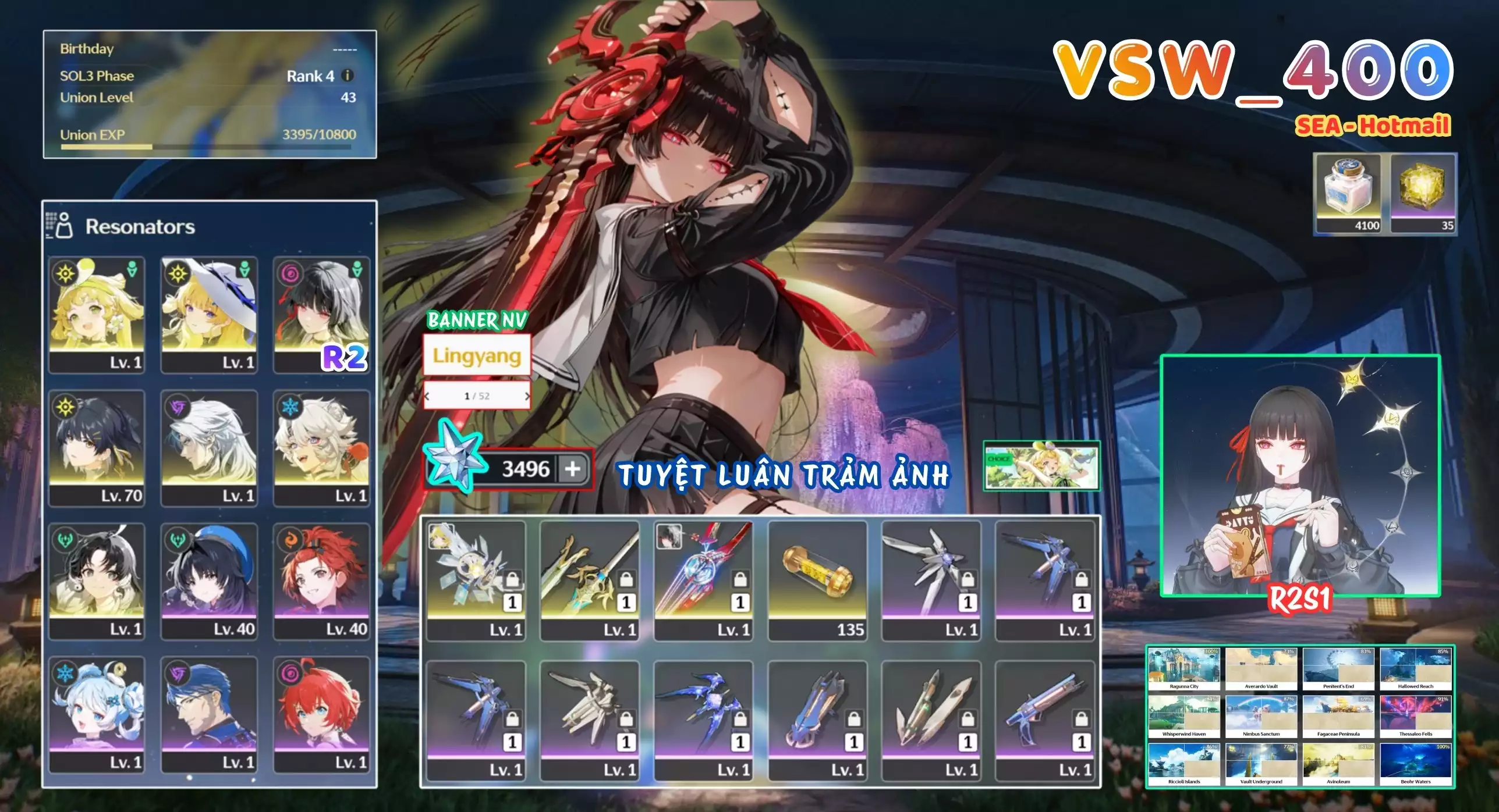 [ VSW_400 SIÊU PHẨM TUYỆT LUÂN TRẢM ẢNH ] CHISA R2 TRẤN + PHOEBE TRẤN + VERINA + CALCHARO + LINGYANG + JIANXIN -{ 3.500 ĐÁ ASTRITE }- BẢO HIỂM BANNER LIMIT. 35 NHỰA. ZIN BANNER 5* TỰ CHỌN. CÒN NHIỀU QUEST / EVENT!!