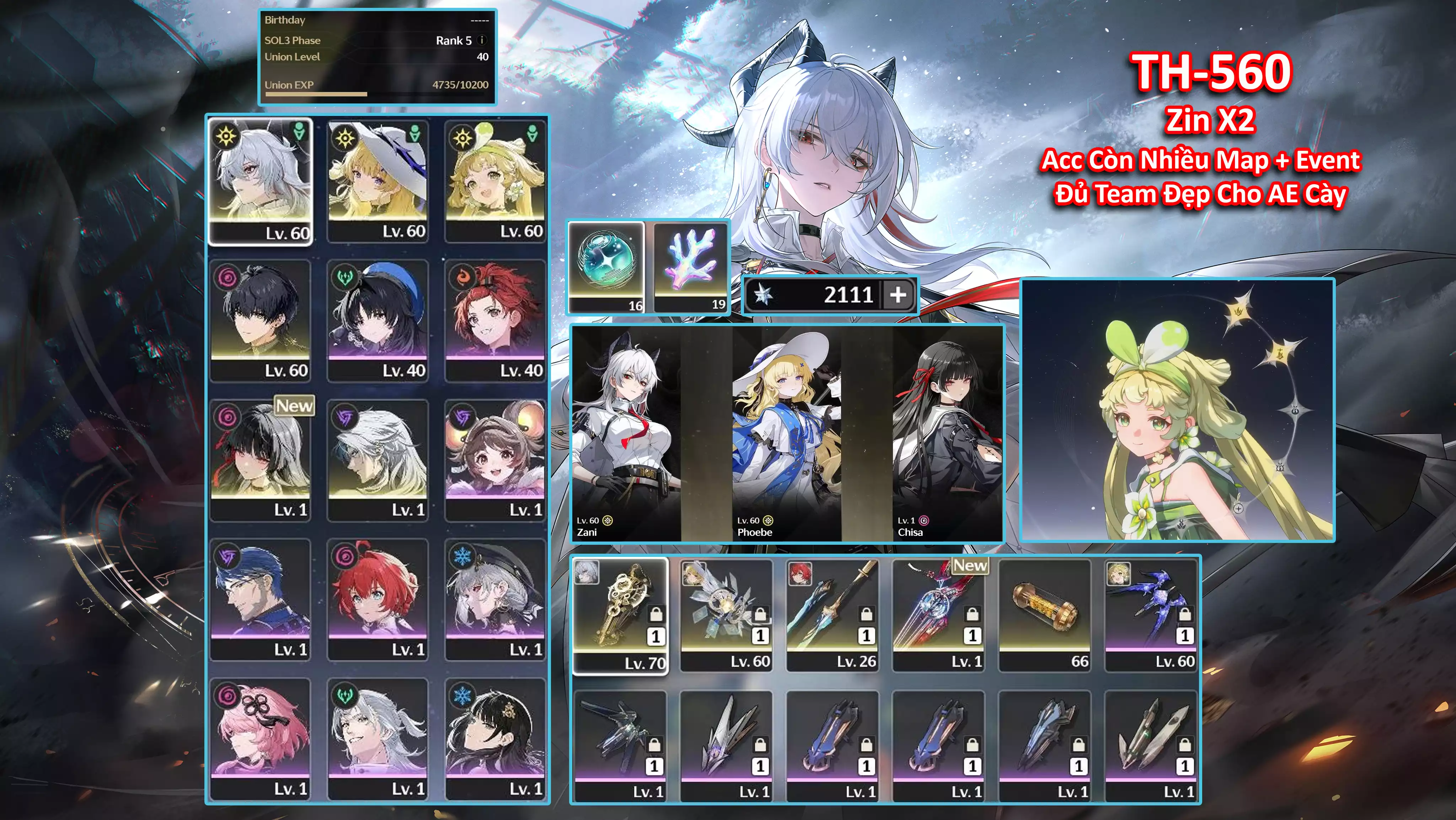 [Siêu Phẩm ] TH-560 Zani (Trấn) + Phoebe (Trấn) + Chisa (Trấn) + Main (Trấn) + Verina C2 + Calcharo zin map từ 2.4