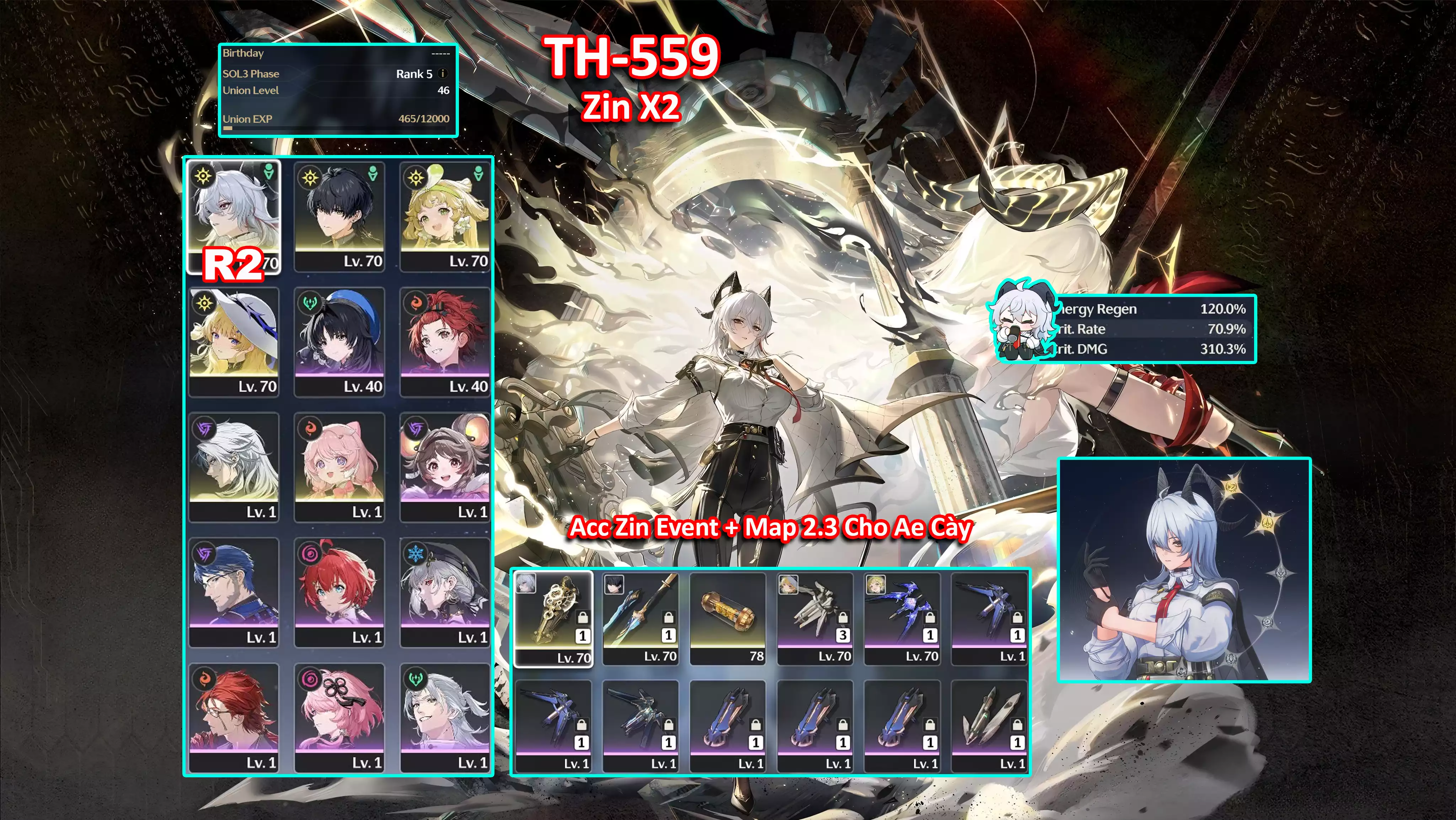 [Siêu Phẩm ] TH-559 Acc không lo bị ban Zani C2 (Trấn) + Phoebe + Mian (Trấn) + Verina + encore + Calcharo + Zin map và Event từ 2.3