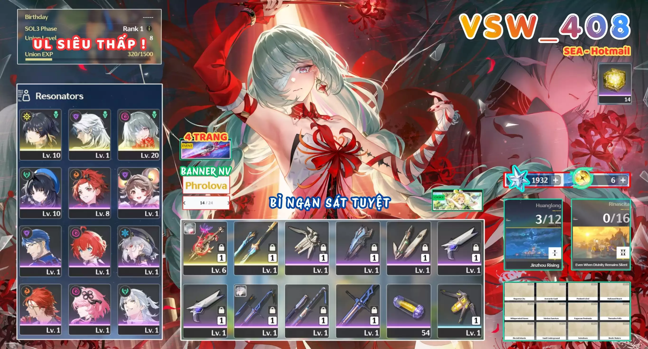 [ VSW_408 SIÊU PHẨM BỈ NGẠN SÁT TUYỆT / UL 8 SIÊU THẤP! ] PHROLOVA TRẤN + CALCHARO + MAIN TRẤN. 14 TRANG BANNER LIMIT. 4 TRANG BANNER TRẤN -{ 1.932 ĐÁ ASTRITE + 6 VÉ LIMIT }-  ZIN BANNER 5* TỰ CHỌN. 14 NHỰA. ZIN NHIỀU QUEST / EVENT!!