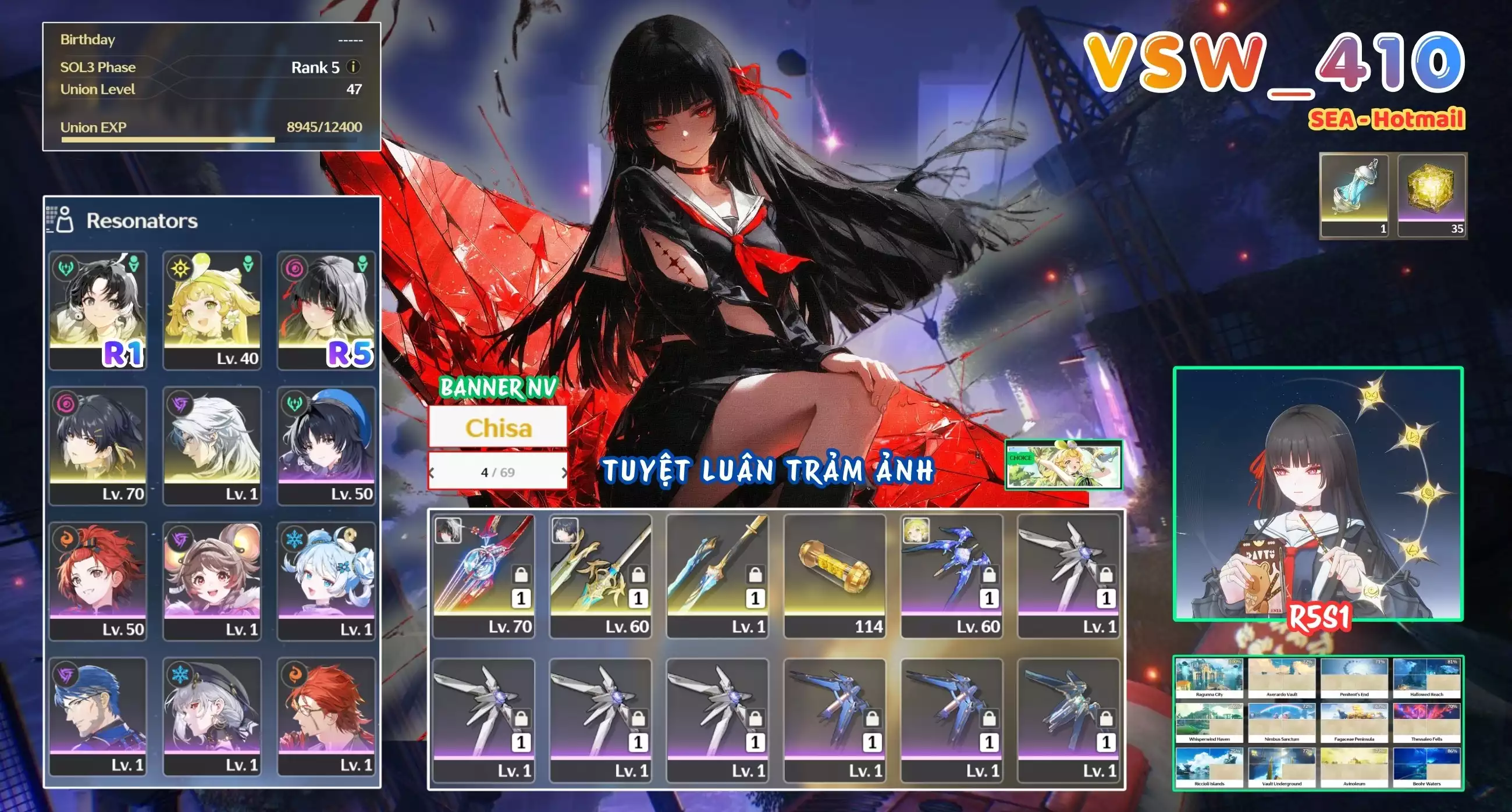 [ VSW_410 SIÊU PHẨM TUYỆT LUÂN TRẢM ẢNH / CHƯA SN! ] CHISA R5 TRẤN + VERINA + JIANXIN R1 + CALCHARO + MAIN TRẤN. 4 TRANG BANNER LIMIT. 35 NHỰA. ZIN BANNER 5* TỰ CHỌN. CÒN NHIỀU QUEST / EVENT!!