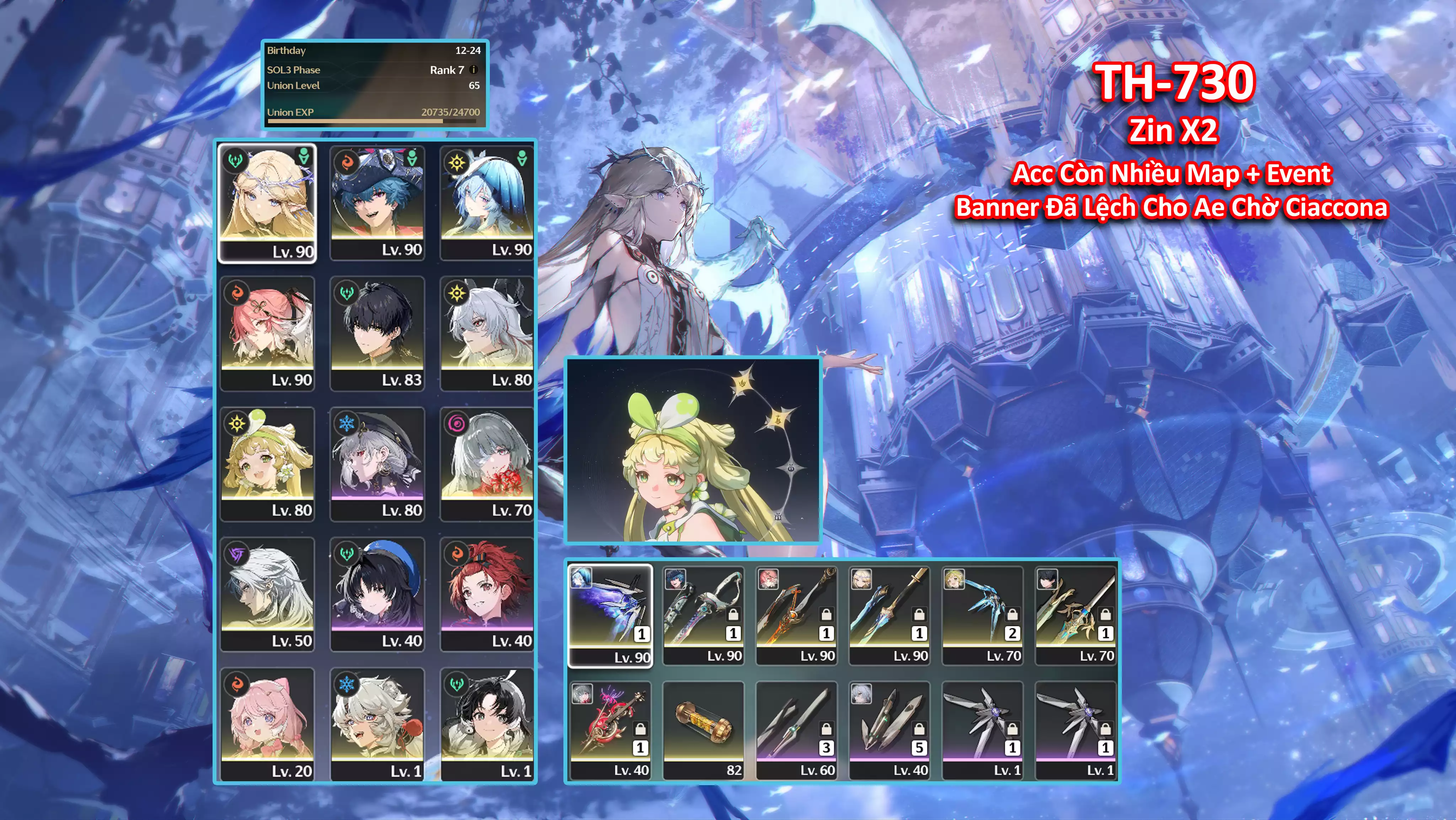 [Siêu Phẩm Banner Lệch + 2x Roll Vàng ] TH-730 Cartethyia (Trấn Thường) +Brant (Trấn) + Shorekeeper (Trấn) + Changli (Trấn) + Zani + Phrolova (Trấn) + Verina (Trấn) + Calcharo + Encore + Lingyang + Jianxin + Nhiều Map + Event