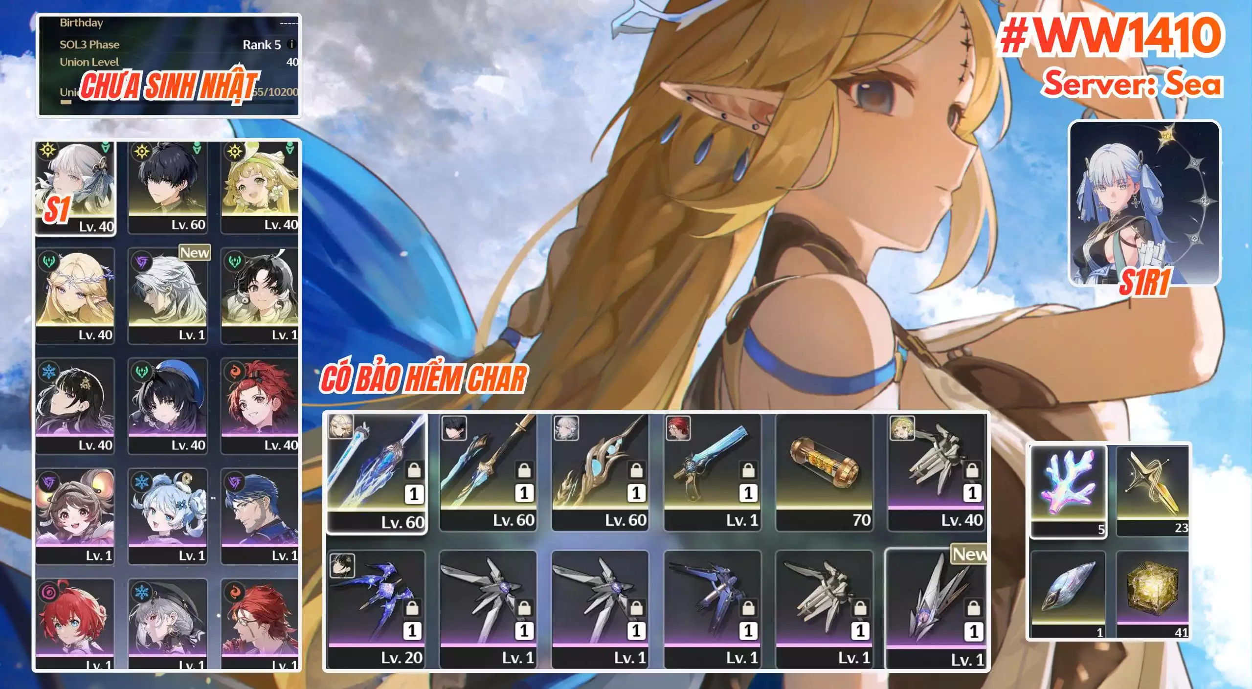 [ ACC VIP ] WW1410 Jingshi r1 trấn + CARTETHYIA R0A1 + Có bảo hiểm char