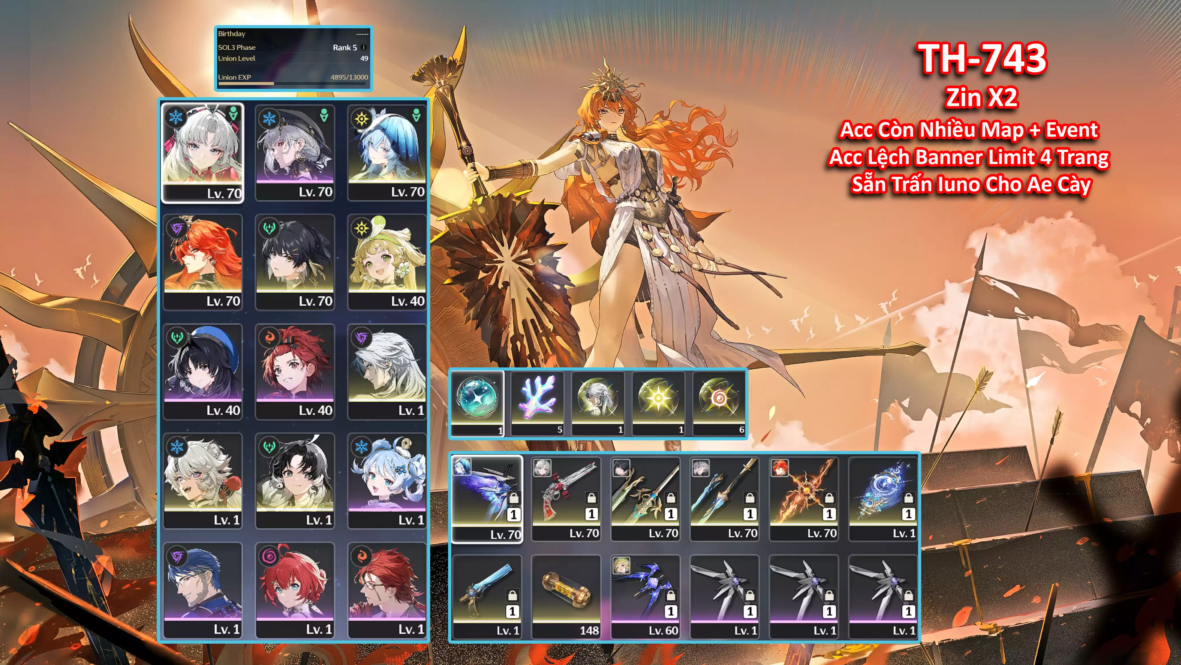 [Siêu Phẩm  TEAM META S ĐÃ LỆCH SẴN TRẤN CHO AE ĐỢI IUNO ] TH-743 Augusta (Trấn) + Carlotta (Trấn) + Shorekeeper (trấn) + Trấn Iuno + Verina + Calcharo + Lingyang + Jianxin + 2X Roll vàng