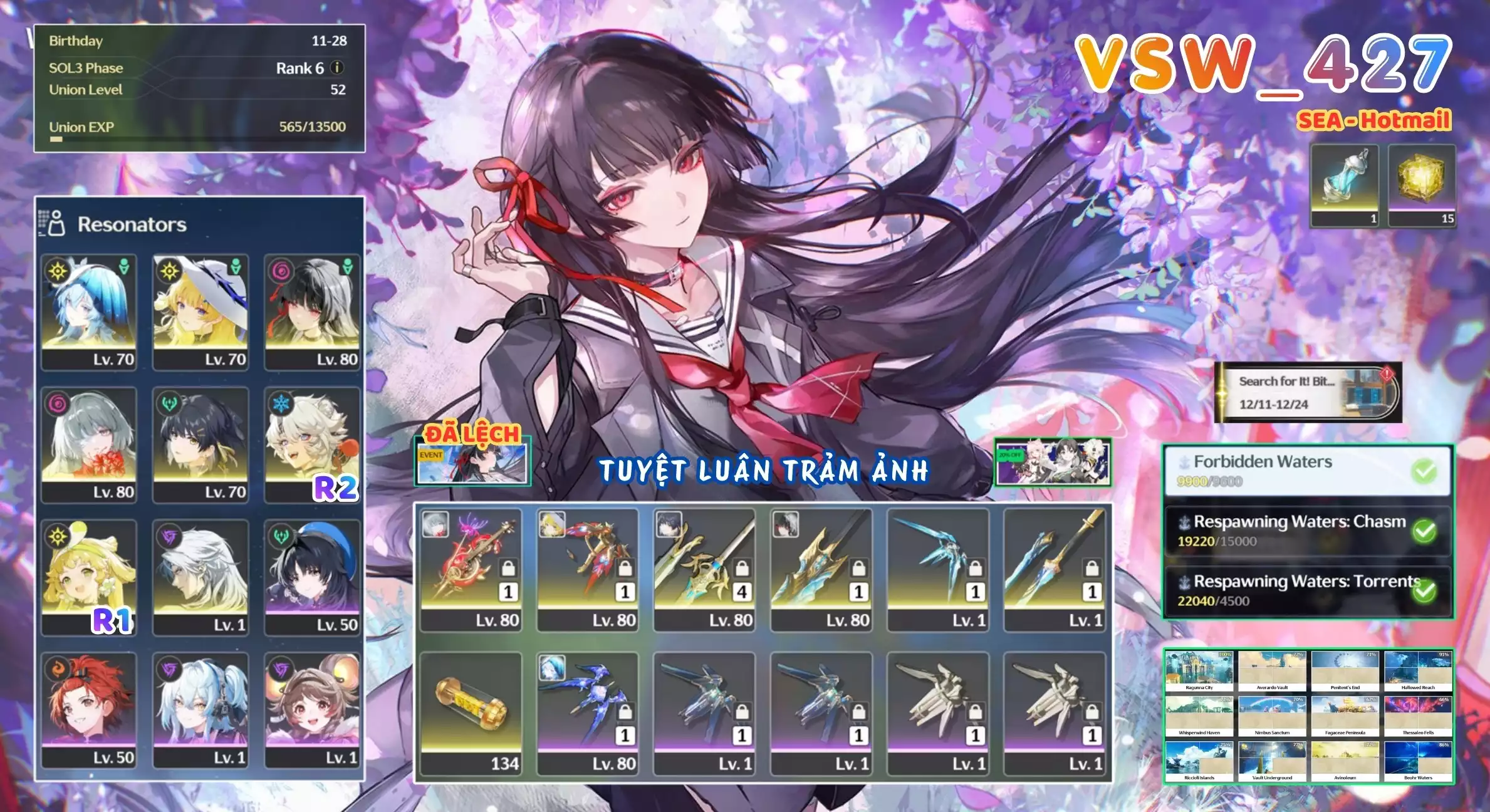 [ VSW_427 SIÊU PHẨM TUYỆT LUÂN TRẢM ẢNH ] CHISA + PHOEBE + PHROLOVA TRẤN + SHOREKEEPER + VERINA R1 TRẤN + MAIN TRẤN. BANNER LIMIT CÓ BẢO HIỂM. ZIN BANNER 5* TÂN THỦ. 15 NHỰA. CÒN QUEST / EVENT!