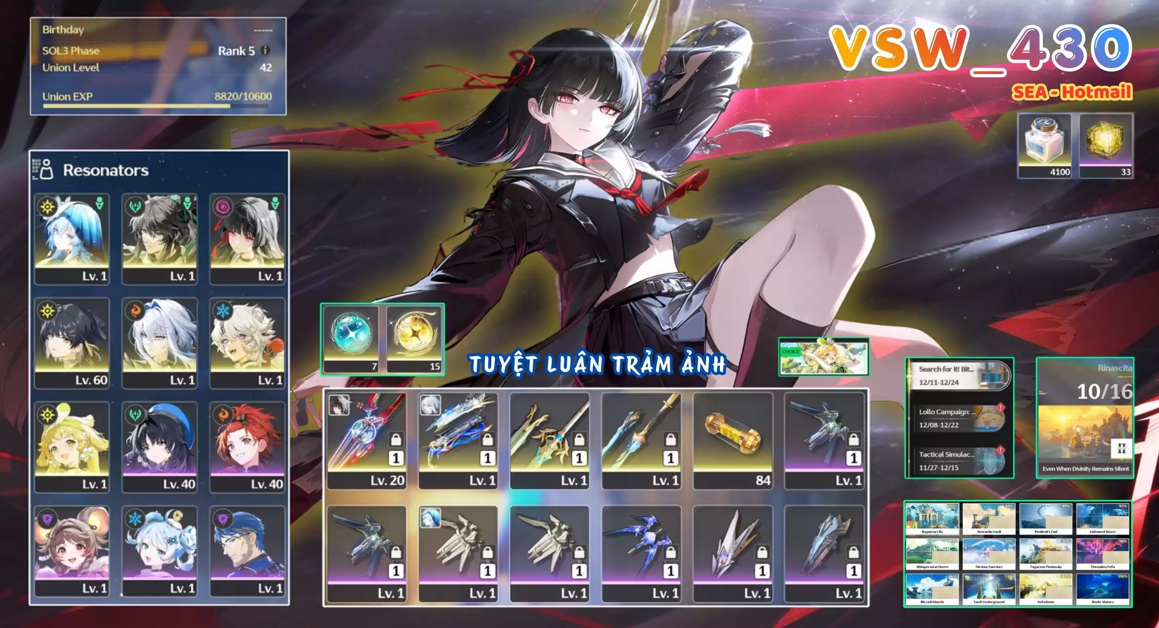 [ VSW_430 SIÊU PHẨM TUYỆT LUÂN TRẢM ẢNH / CHƯA SN! ] CHISA TRẤN + QIUYUAN + GALBRENA TRẤN + SHOREKEEPER + MAIN TRẤN -{ 15 VÉ LIMIT }- ZIN BANNER 5* TỰ CHỌN. 33 NHỰA. CÒN NHIỀU QUEST / EVENT!