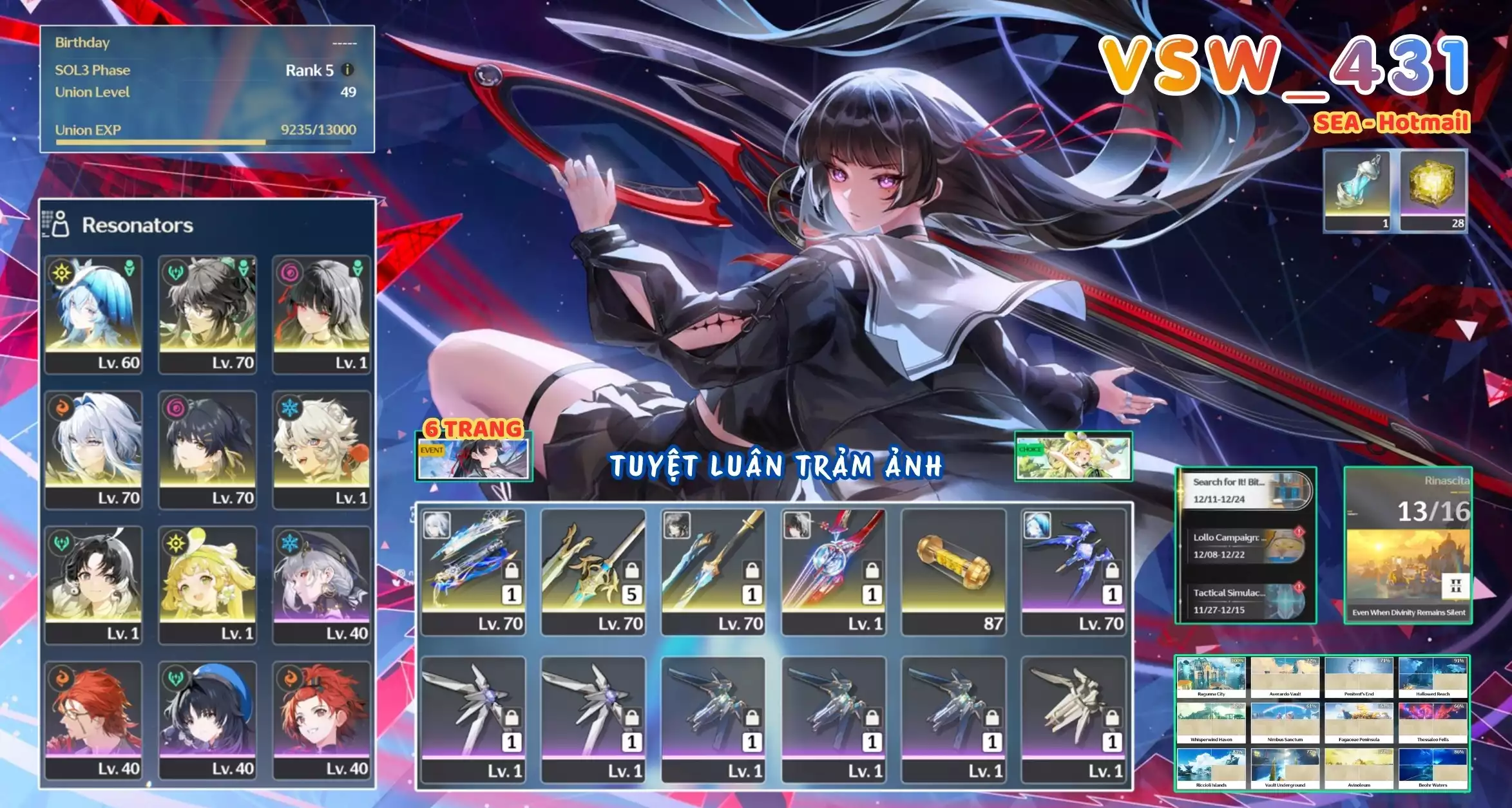 [ VSW_431 SIÊU PHẨM TUYỆT LUÂN TRẢM ẢNH / CHƯA SN! ] CHISA TRẤN + QIUYUAN + GALBRENA TRẤN + SHOREKEEPER + VERINA + JIANXIN + MAIN TRẤN. 6 TRANG BANNER LIMIT. ZIN BANNER 5* TỰ CHỌN. 28 NHỰA. CÒN NHIỀU QUEST / EVENT!