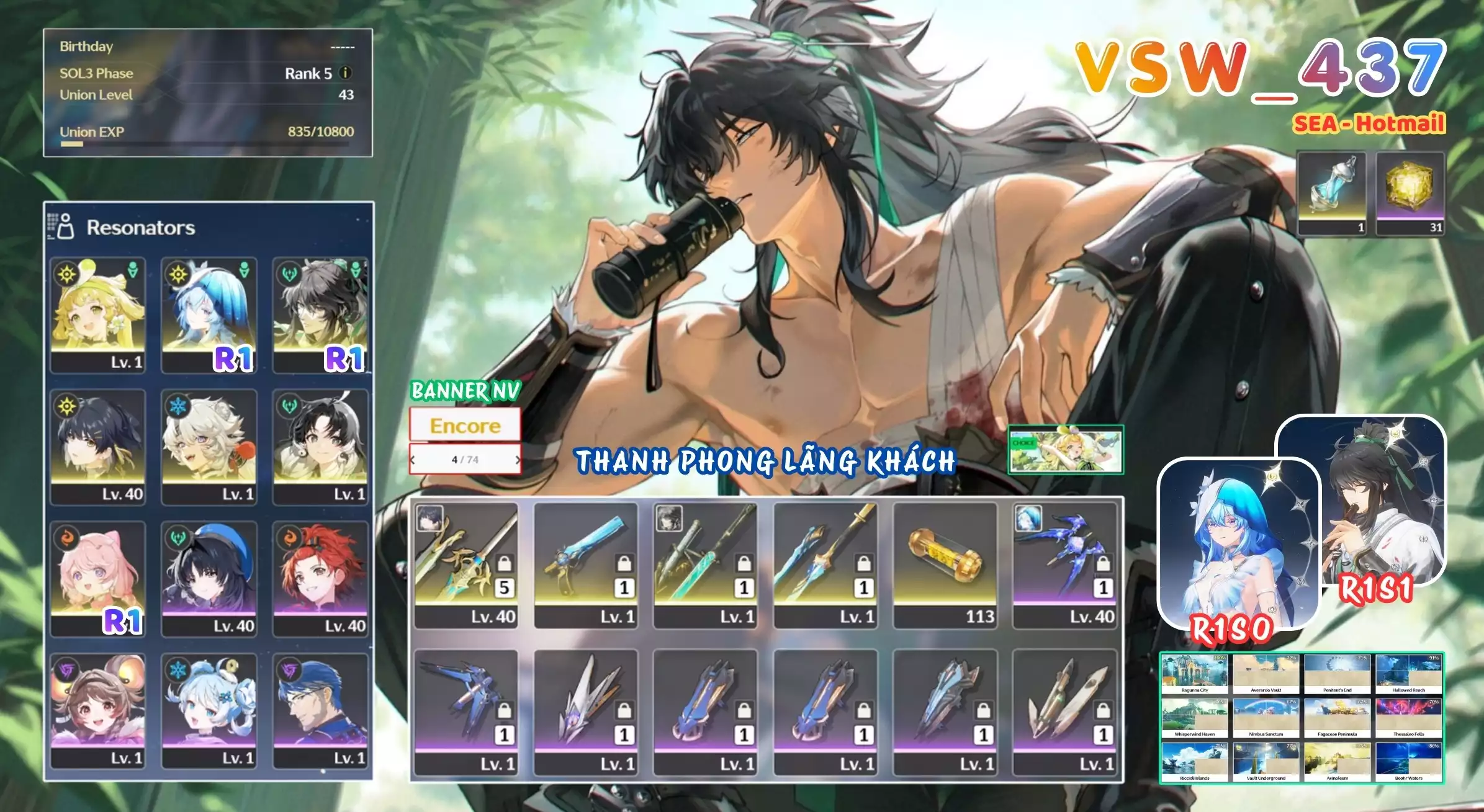 [ VSW_437 SIÊU PHẨM THANH PHONG LÃNG KHÁCH / CHƯA SN! ] QIUYUAN R1 TRẤN + SHOREKEEPER R1 + VERINA + ENCORE R1 + JIANIXIN + MAIN TRẤN. 4 TRANG BANNER LIMIT CÓ BẢO HIỂM. 31 NHỰA. ZIN BANNER 5* TỰ CHỌN. CÒN NHIỀU QUEST / EVENT!