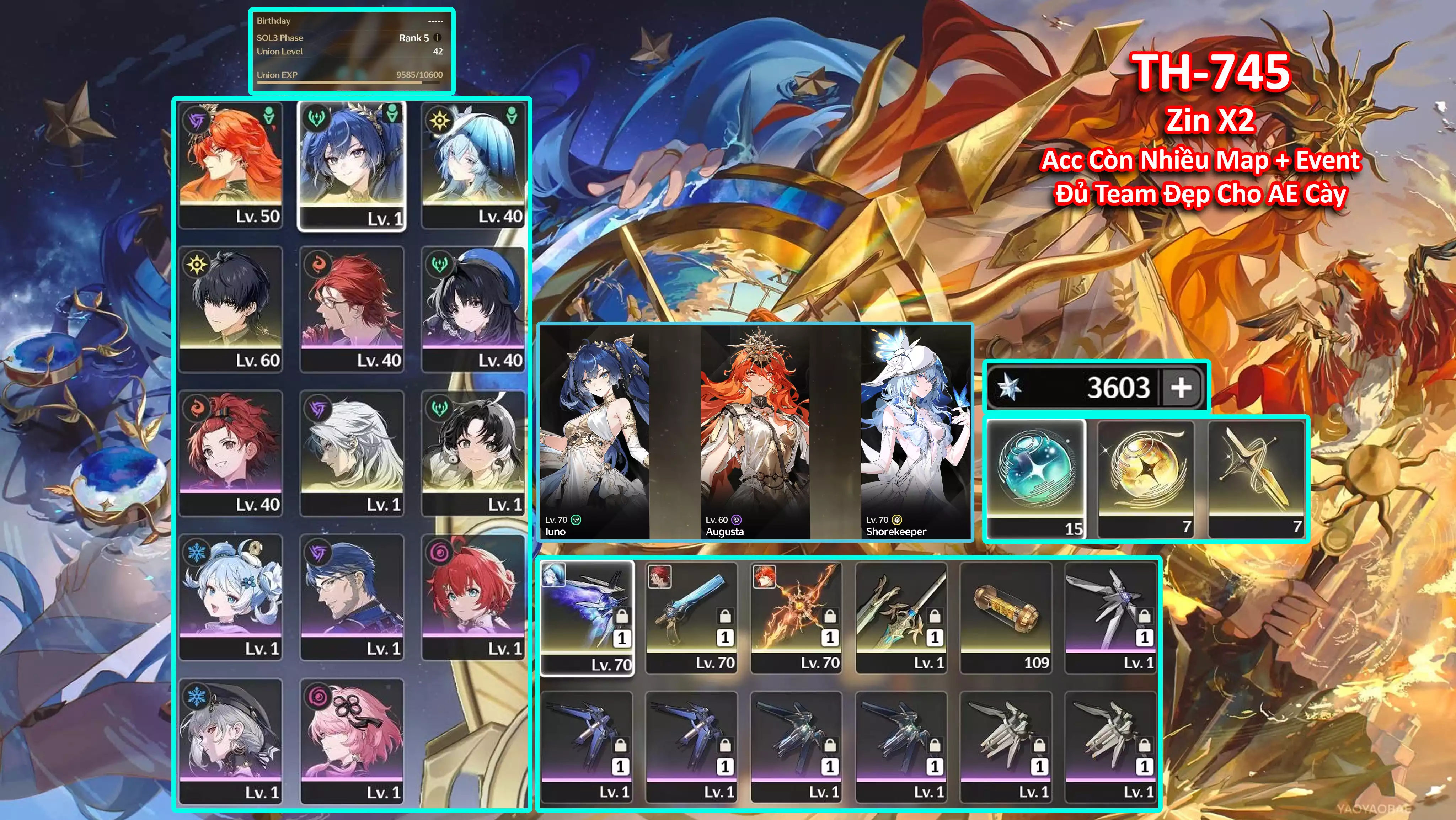 [Siêu Phẩm ] TH-745 Augusta (Trấn) + Iuno + Shorekeeper (Trấn) + Còn đá + roll cho ae về roll Trấn Iuno rát vàng team