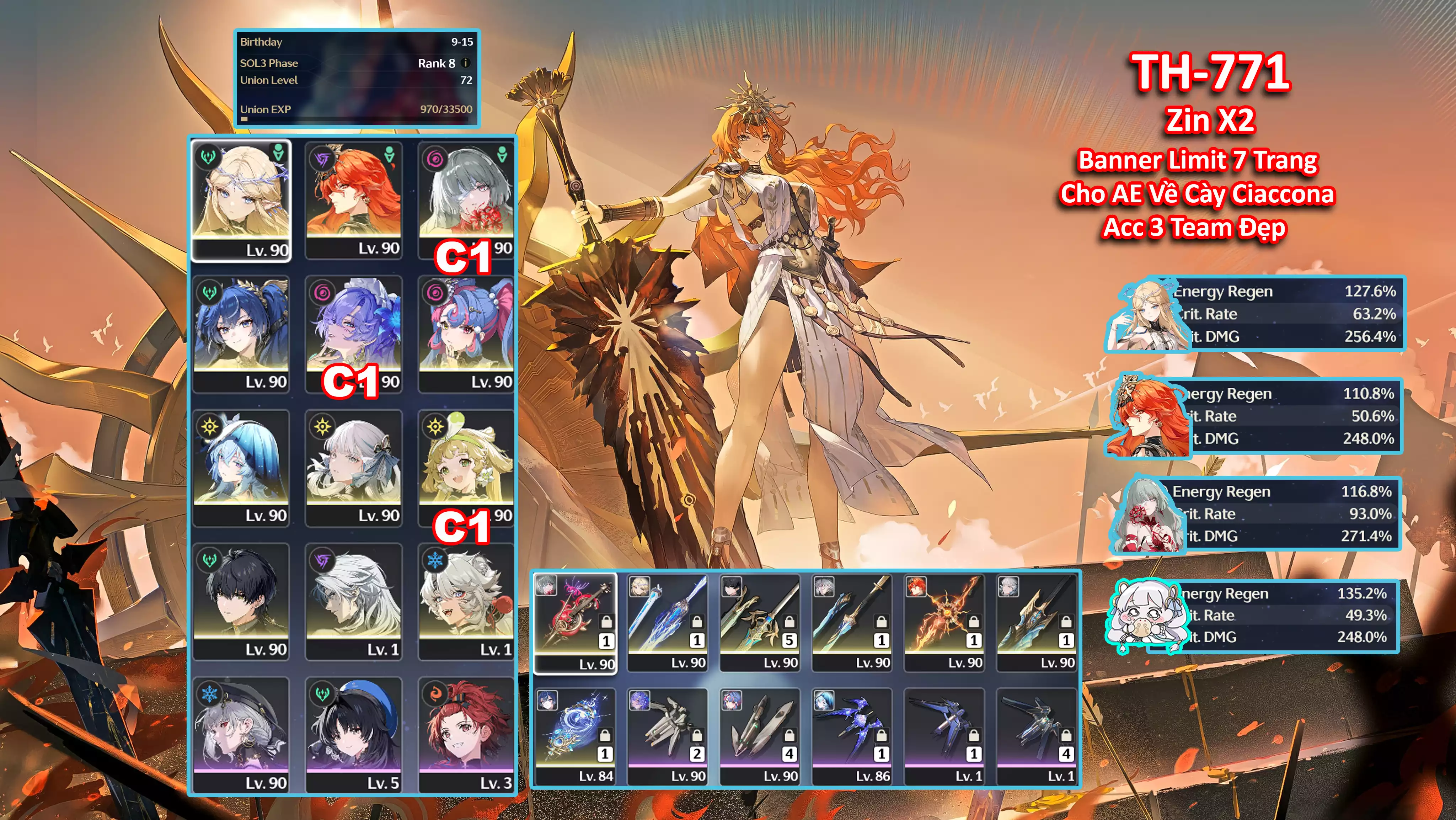 [Siêu Phẩm 3 Team Meta Đẹp  ] TH-771 Cartethyia (Trấn) + Augusta (Trấn) + Phrolova C1 (Trấn) + Iuno (Trấn) + Canterella C1 + Roccia + Shorekeeper + Jinhsi (Trấn Thường)