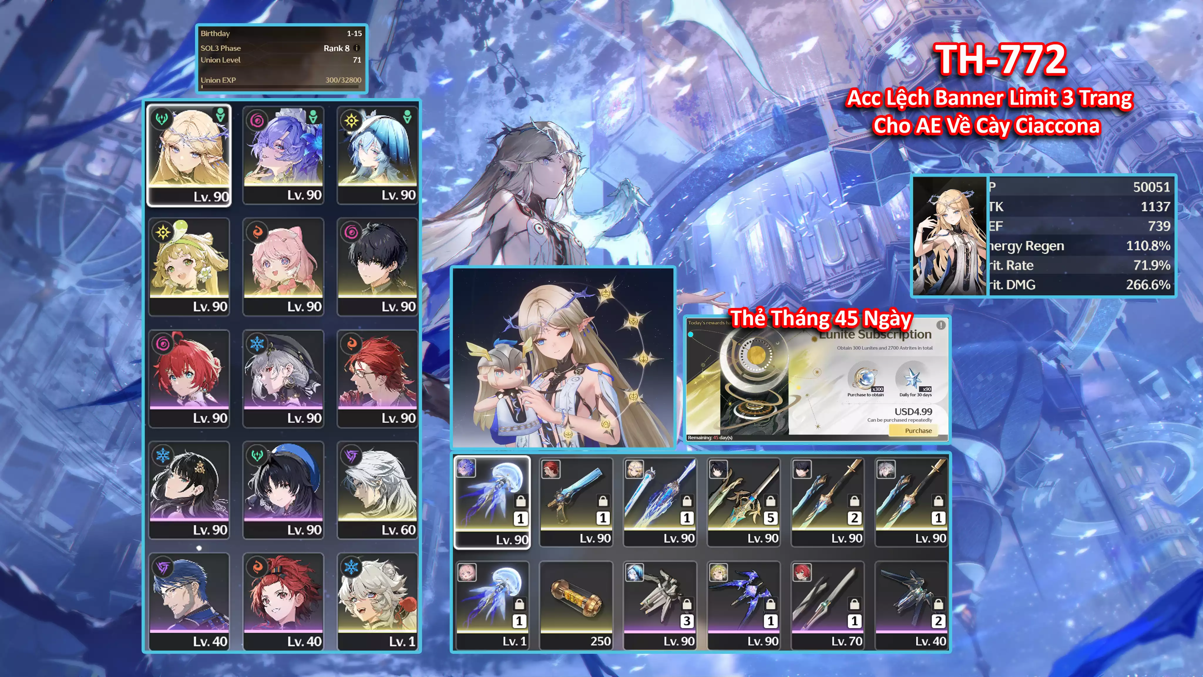 [Siêu Phẩm Cartethyia C6 Và Dàn SP Đẹp ] TH-772 Cartethyia C6 (Trấn) + Cantarella (Trấn) + Shokeeper + Còn thẻ tháng + Banner Lệch + 2X Roll Vàng