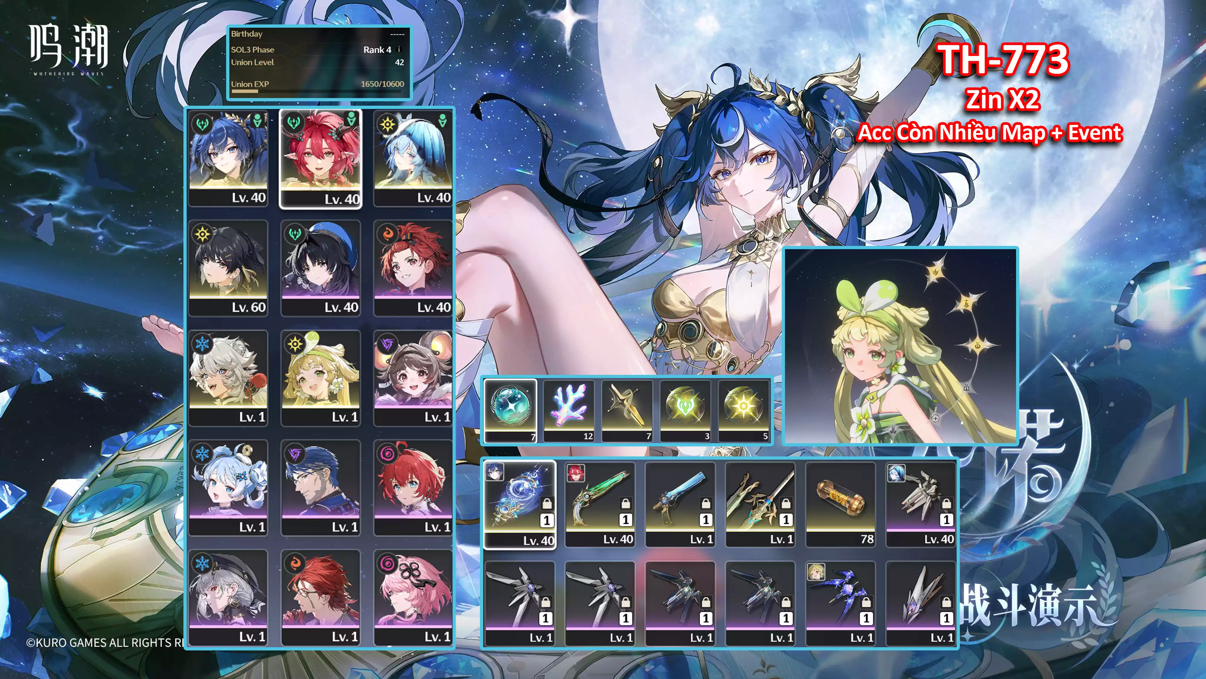 [Siêu Phẩm ] TH-773 Iuno ( Trấn) + Ciaccona (Trấn) + Shorekeeper + Verina C3 + 2x Roll