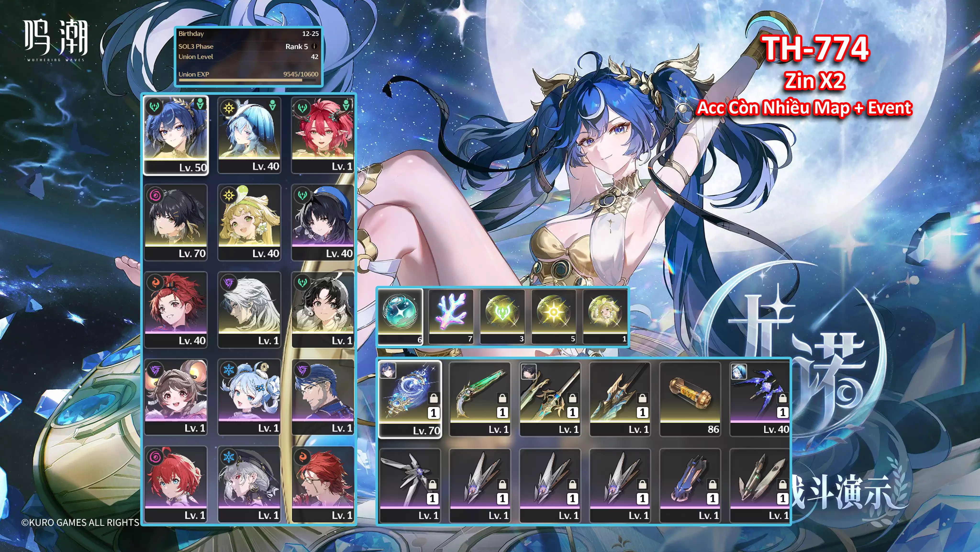 [Siêu Phẩm ] TH-774 Iuno ( Trấn) + Ciaccona (Trấn) + Shorekeeper + Verina C1 + 2x Roll