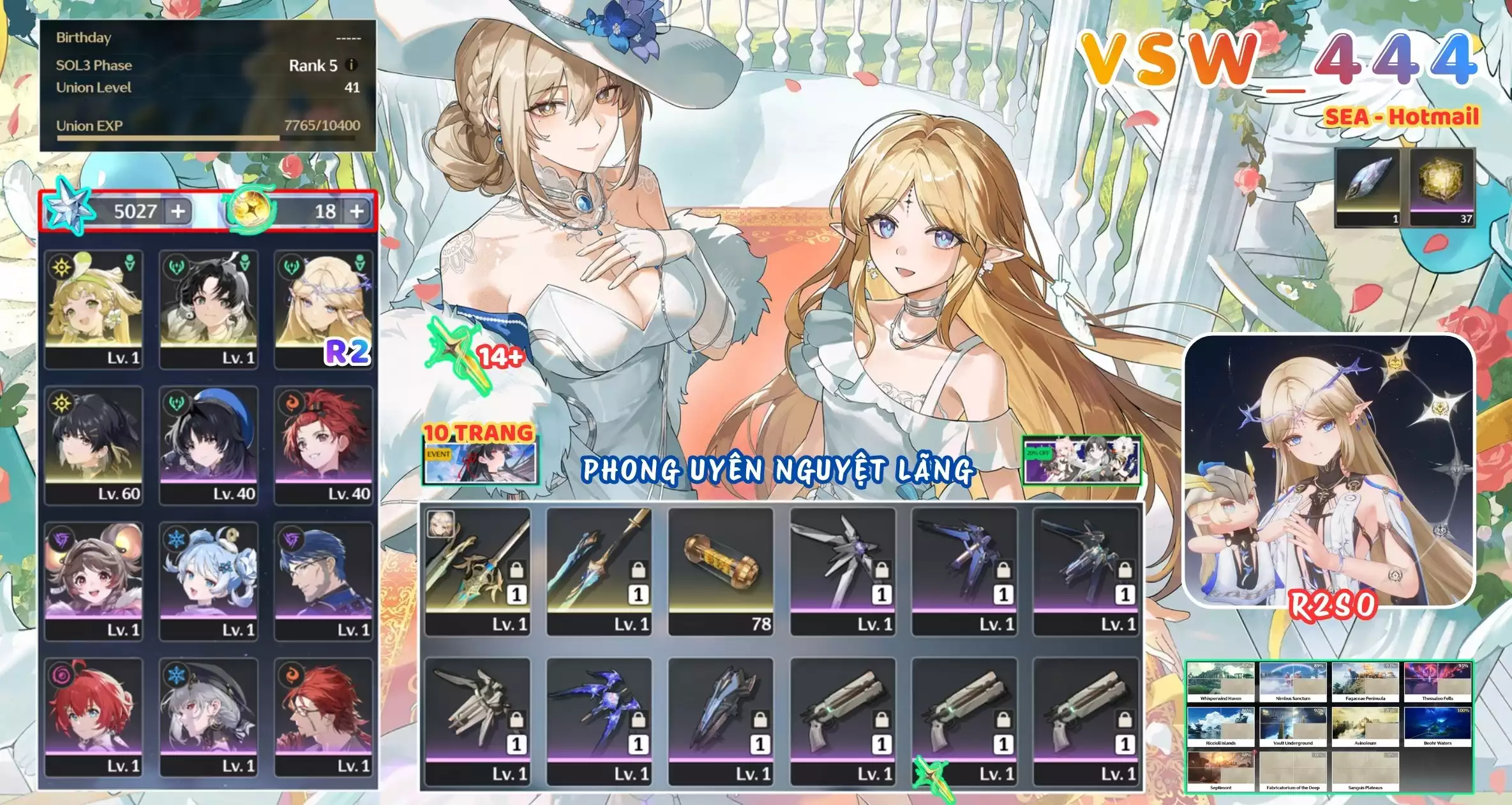 [ VSW_444 SIÊU PHẨM PHONG UYÊN HẢI LÃNG / CHƯA SN! ] CARTETHYIA R2 + VERINA + JIANXIN + MAIN TRẤN -{ 5.000 ĐÁ ASTRITE + 18 VÉ LIMIT + 14 VÉ TRẤN }- 10 TRANG BANNER LIMIT. ZIN BANNER 5* TÂN THỦ. 37 NHỰA. CÒN NHIỀU QUEST / EVENT!