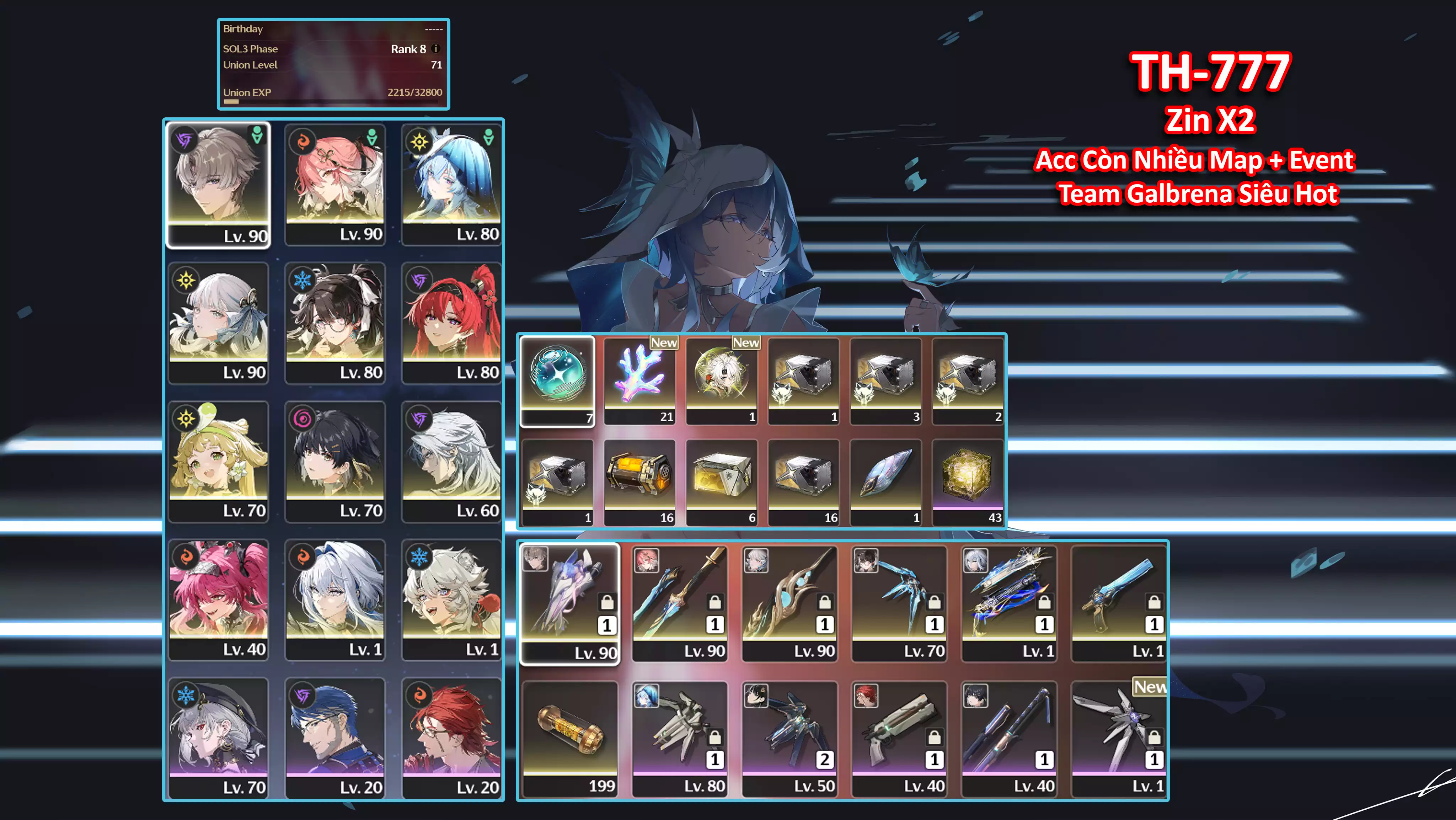 [Siêu Phẩm ] TH-777 Xiangli Yao (Trấn) + Changli (Trấn Thường) + Shorekeeper + Jinhsi (Trấn) + Zhezhi (Trấn Thường) + Yilin + Lupa + Galbrena (Trấn) + Còn 2X Roll Vàng