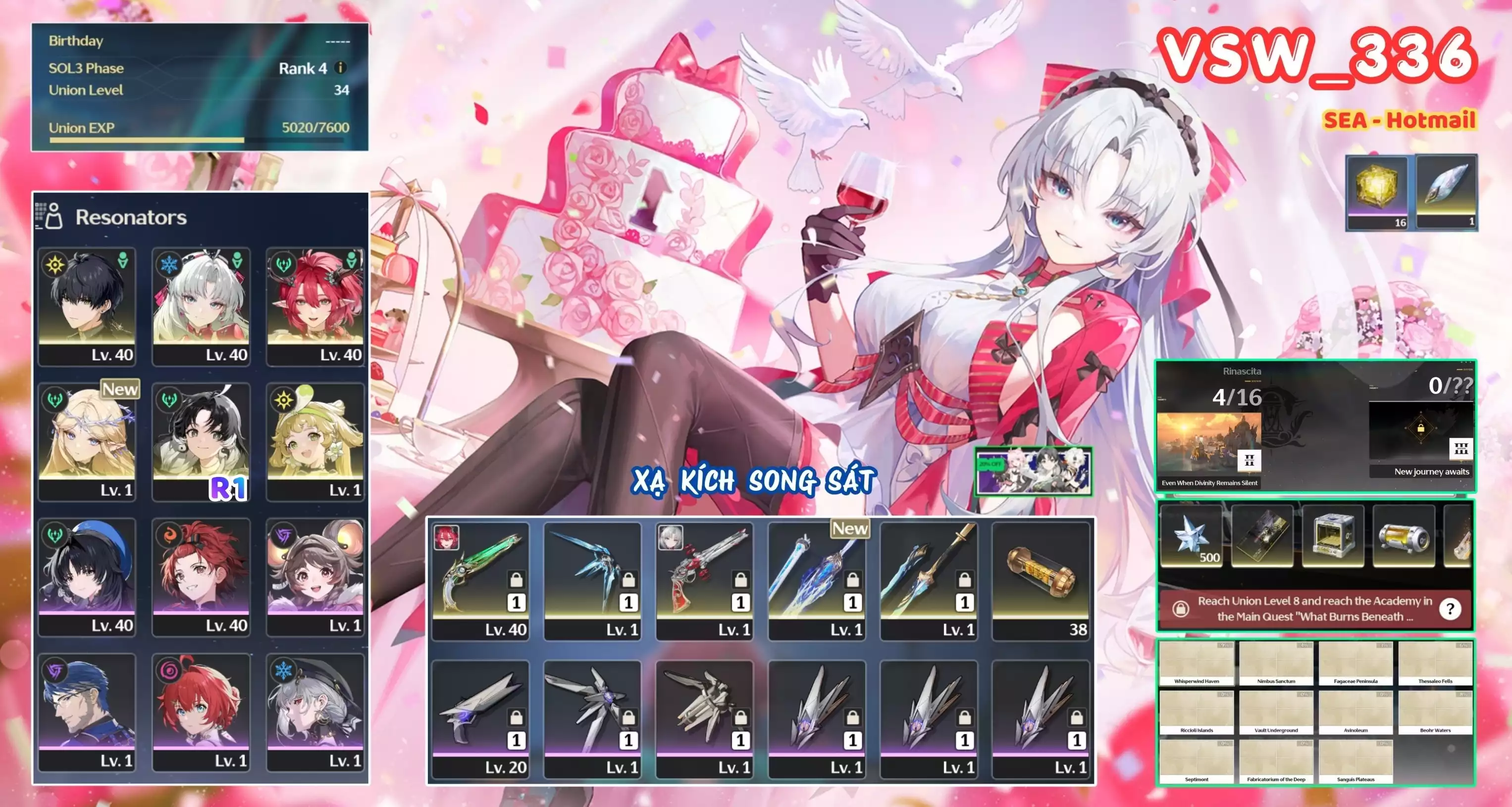 [ VSW_336 SIÊU PHẨM THIÊN TUYỆT SONG SÁT/ MAIN NAM! ] CARTETHYIA TRẤN + CARLOTTA TRẤN + CIACCONA TRẤN + VERINA + JIANXIN R1 + MAIN TRẤN. 16 NHỰA. ZIN BANNER 5* TÂN THỦ. CÒN NHIỀU QUEST / EVENT!!