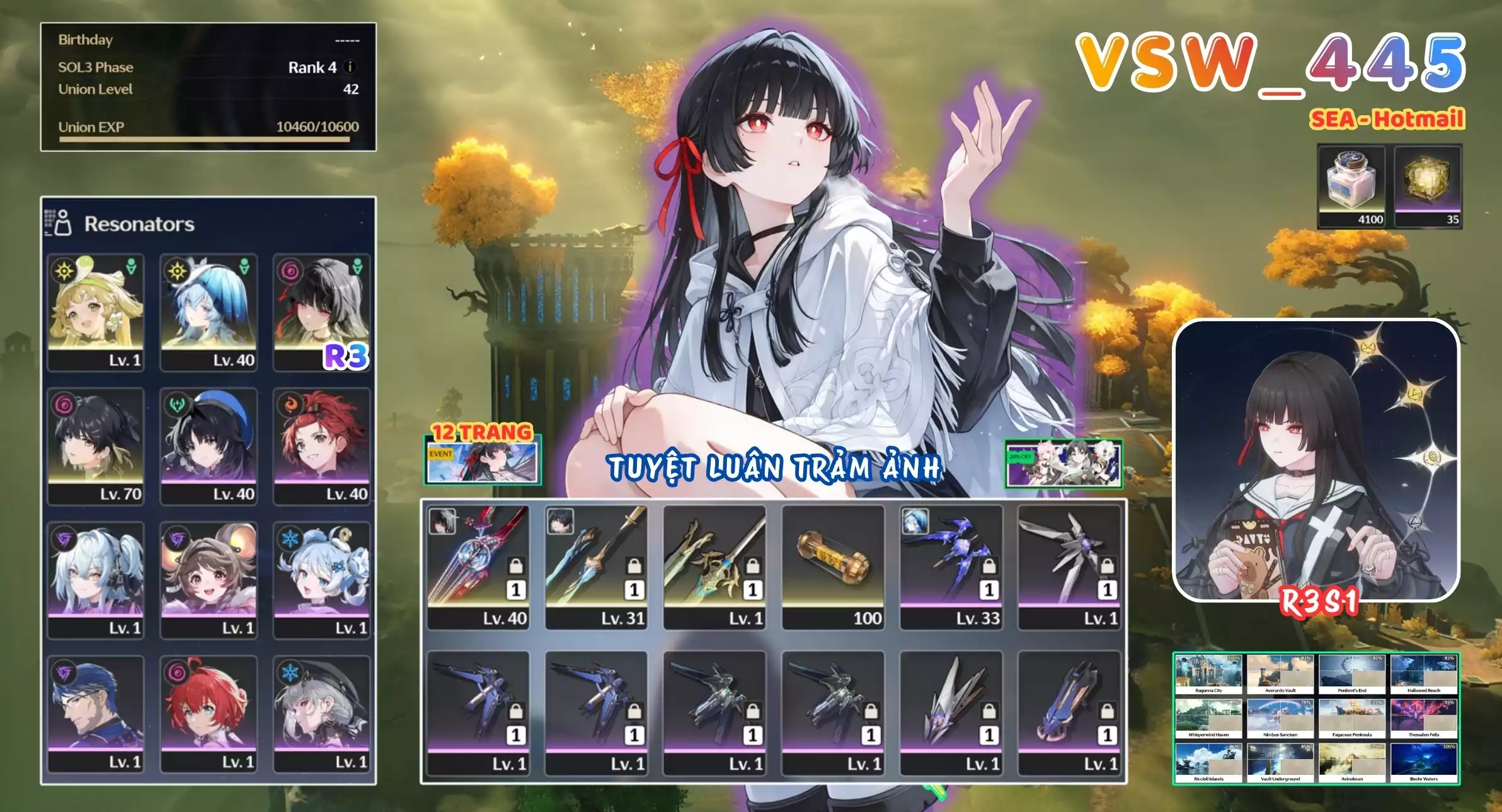 [ VSW_445 SIÊU PHẨM TUYỆT LUÂN TRẢM ẢNH / CHƯA SN! ] CHISA R3 TRẤN + SHOREKEEPER + VERINA + MAIN TRẤN. 12 TRANG BANNER LIMIT. ZIN BANNER 5* TÂN THỦ. 35 NHỰA. CÒN NHIỀU QUEST / EVENT!
