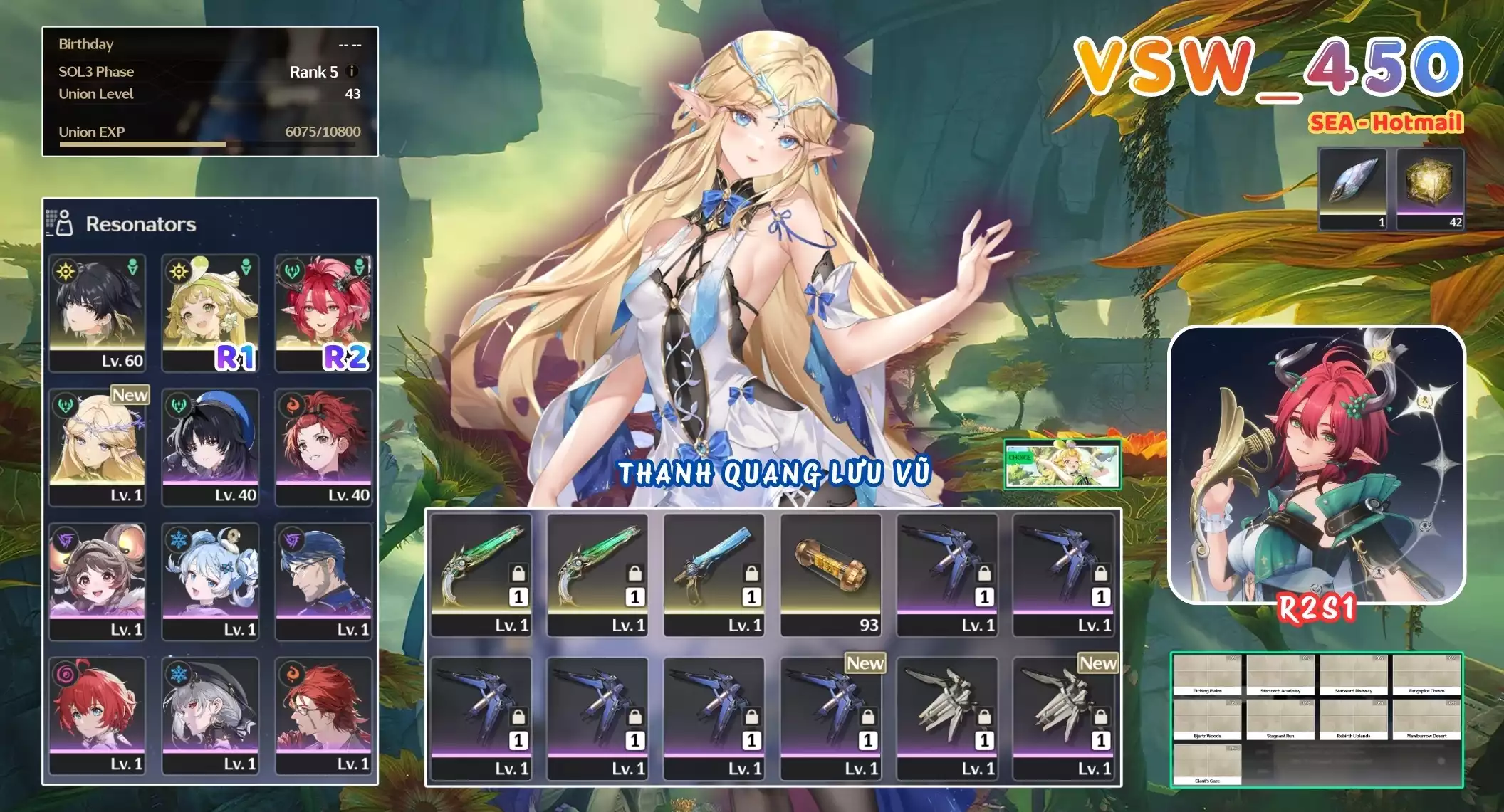 [ VSW_450 SIÊU PHẨM THANH QUANG LƯU VŨ / CHƯA SN! ] CARTETHYIA + CIACCONA R2 TRẤN + VERINA R1. 42 NHỰA. ZIN BANNER 5* TỰ CHỌN. CÒN NHIỀU QUEST / EVENT!