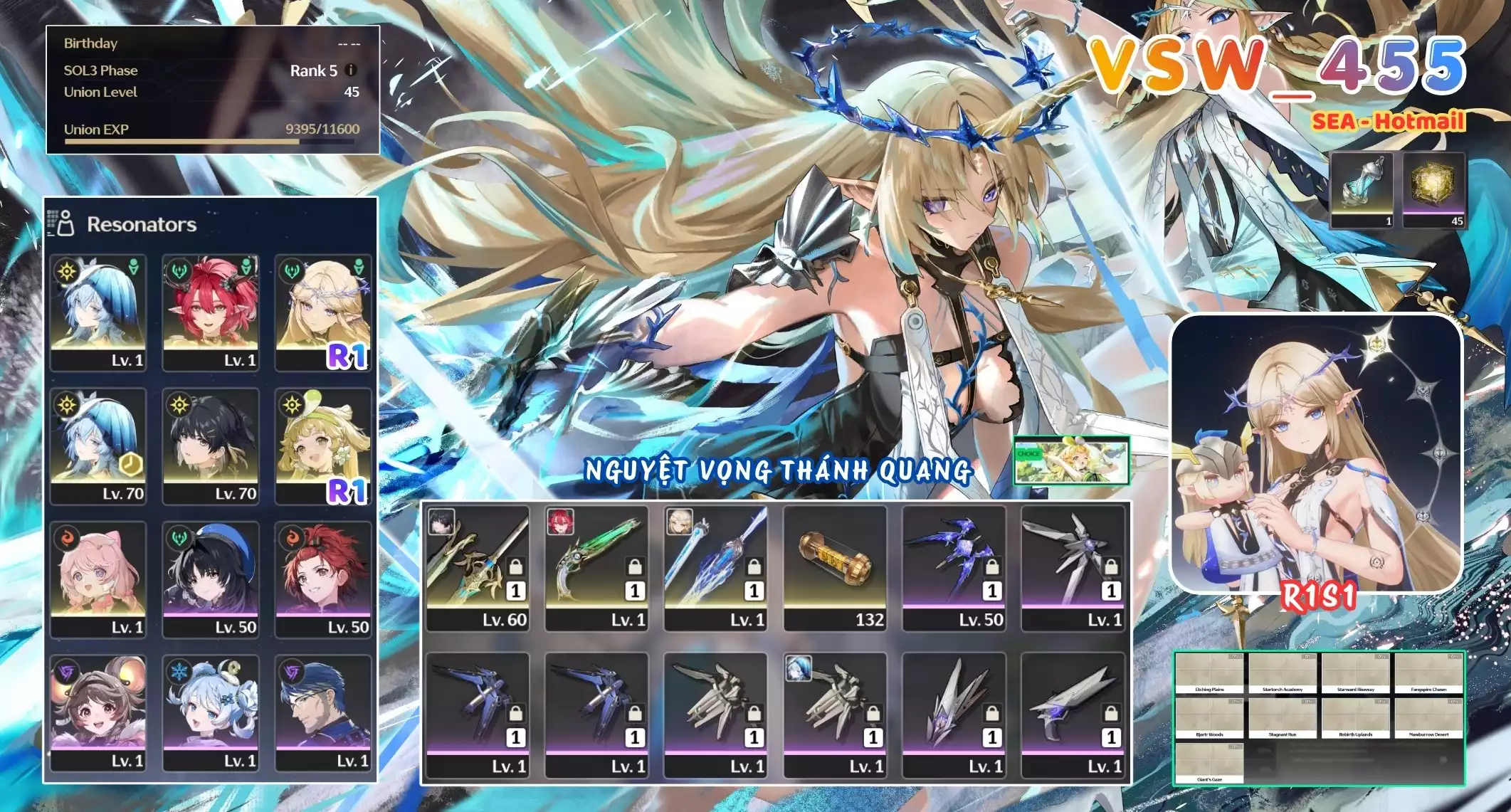 [ VSW_455 SIÊU PHẨM VỌNG NGUYỆT THÁNH QUANG / CHƯA SN! ] CARTETHYIA R1 TRẤN + CIACCONA TRẤN + SHOREKEEPER + VERINA R1 + ENCORE. 45 NHỰA. ZIN BANNER 5* TỰ CHỌN. CÒN NHIỀU QUEST / EVENT!