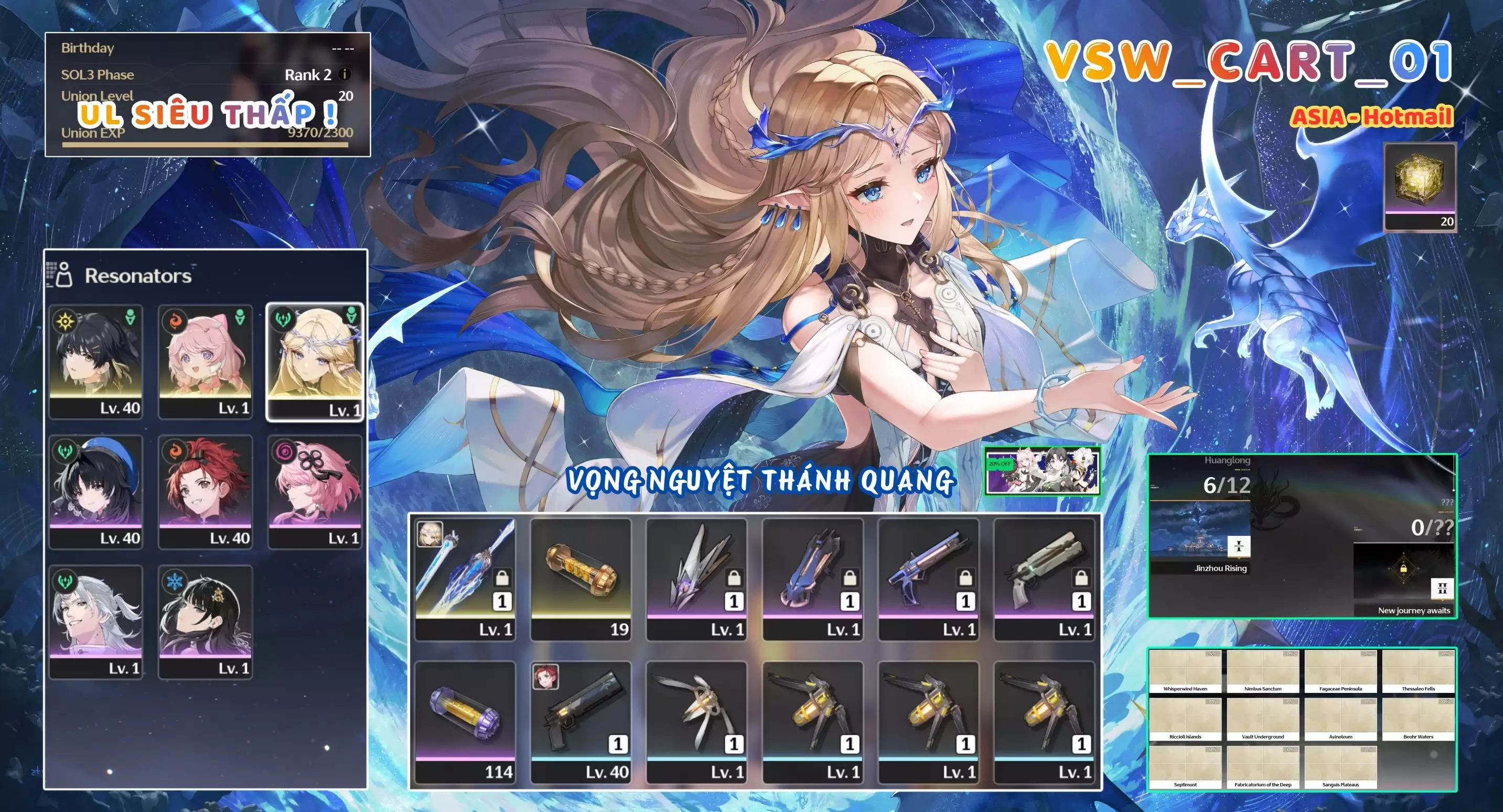 [ VSW_CART_01 SIÊU PHẨM VỌNG NGUYỆT THÁNH QUANG / ASIA / UL 20 SIÊU THẤP! ] CARTETHYIA TRẤN + 1~2 CHAR 5* THƯỜNG. ZIN BANNER 5* TÂN THỦ. 36 NHỰA. ZIN NHIỀU QUEST / EVENT!!