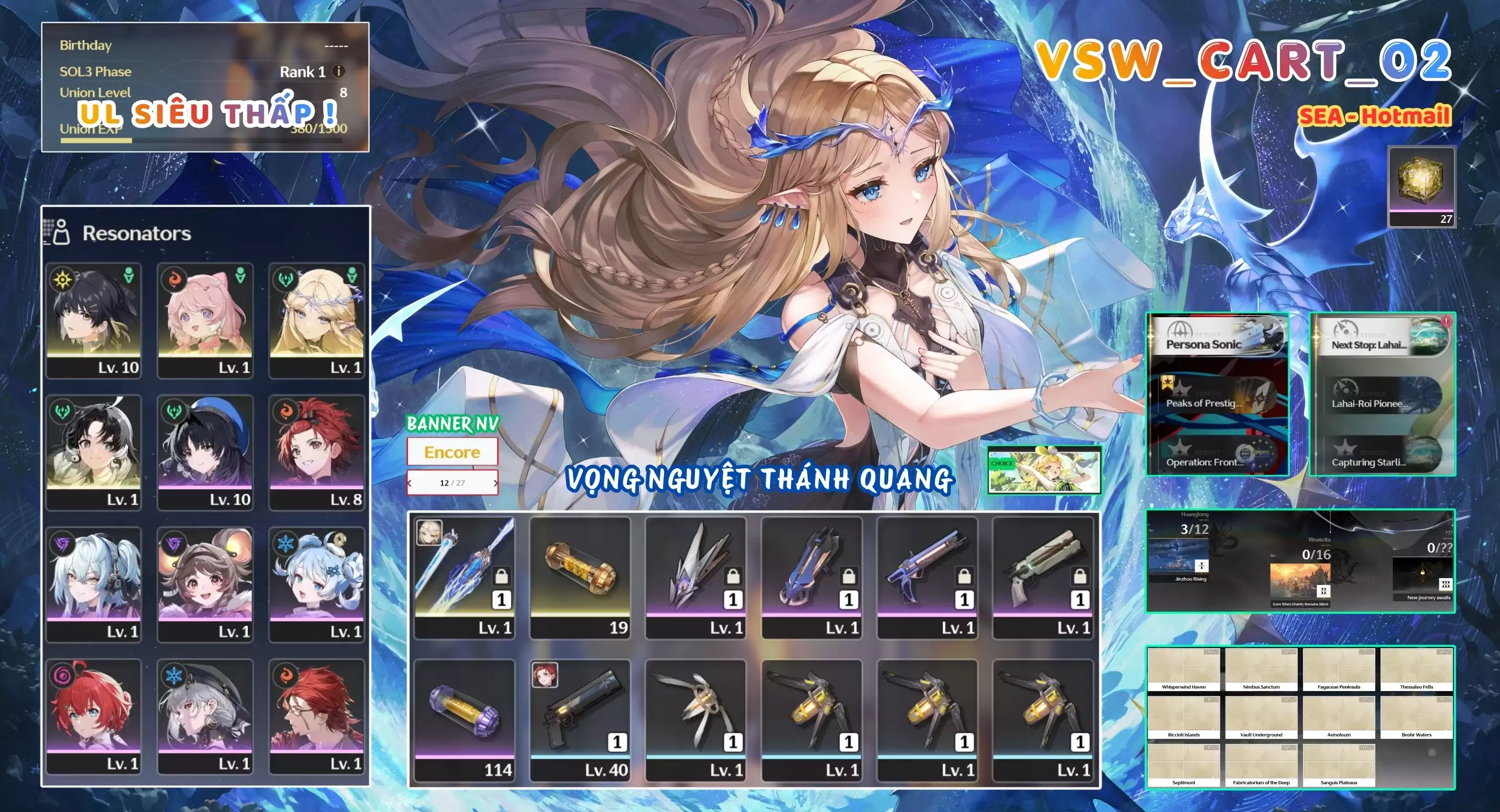 [ VSW_CART_02 SIÊU PHẨM VỌNG NGUYỆT THÁNH QUANG / UL 8 SIÊU THẤP! ] CARTETHYIA TRẤN + 1~2 CHAR 5* THƯỜNG. 12 TRANG BANNER LIMIT CÓ BẢO HIỂM. ZIN BANNER 5* TỰ CHỌN. 2x ~ 3x NHỰA. ZIN NHIỀU QUEST / EVENT!!