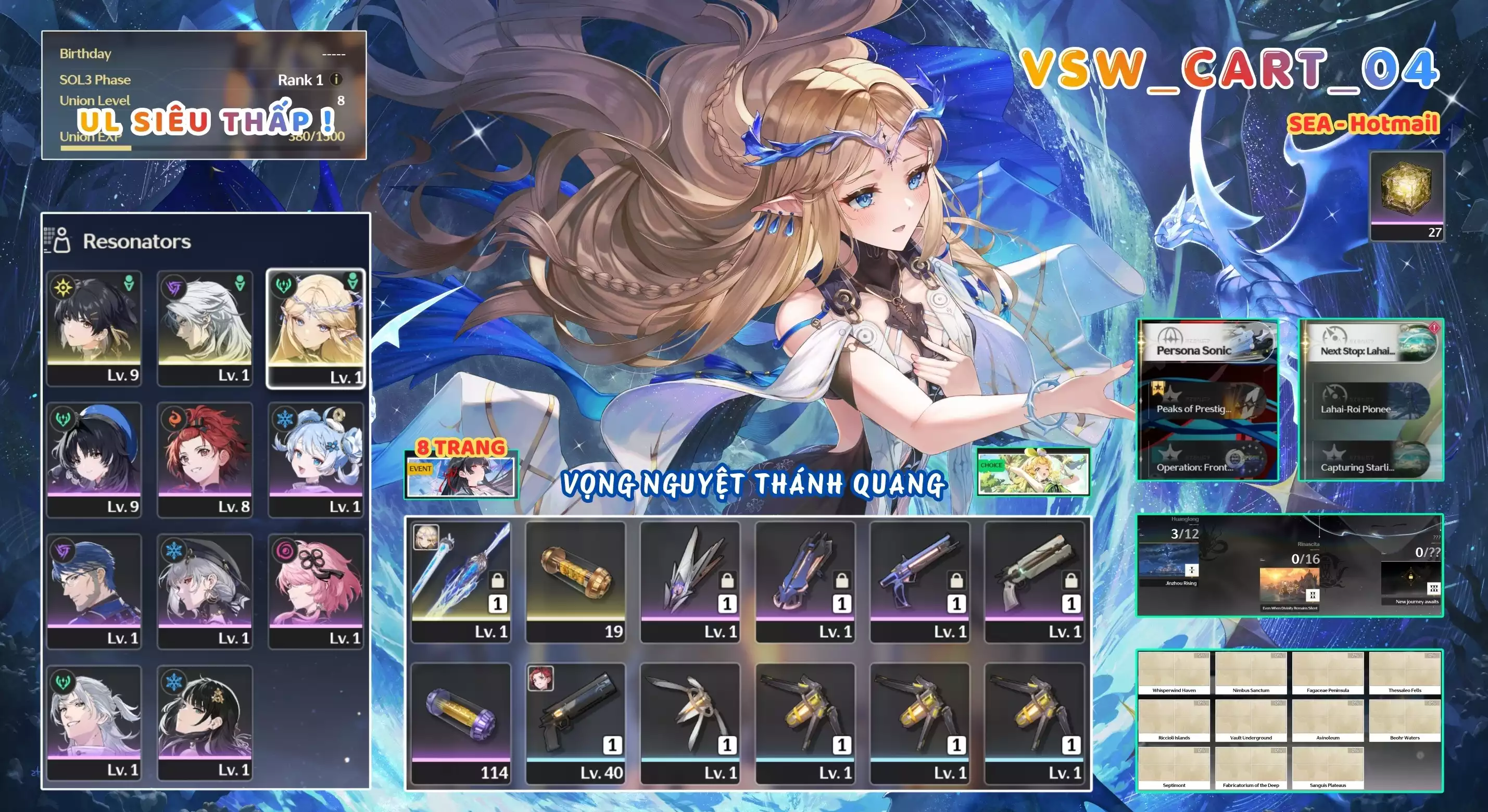 [ VSW_CART_04 SIÊU PHẨM VỌNG NGUYỆT THÁNH QUANG / UL 8 SIÊU THẤP! ] CARTETHYIA TRẤN + 1~2 CHAR 5* THƯỜNG. 8 TRANG BANNER LIMIT. ZIN BANNER 5* TỰ CHỌN. 2x ~ 3x NHỰA. ZIN NHIỀU QUEST / EVENT!!