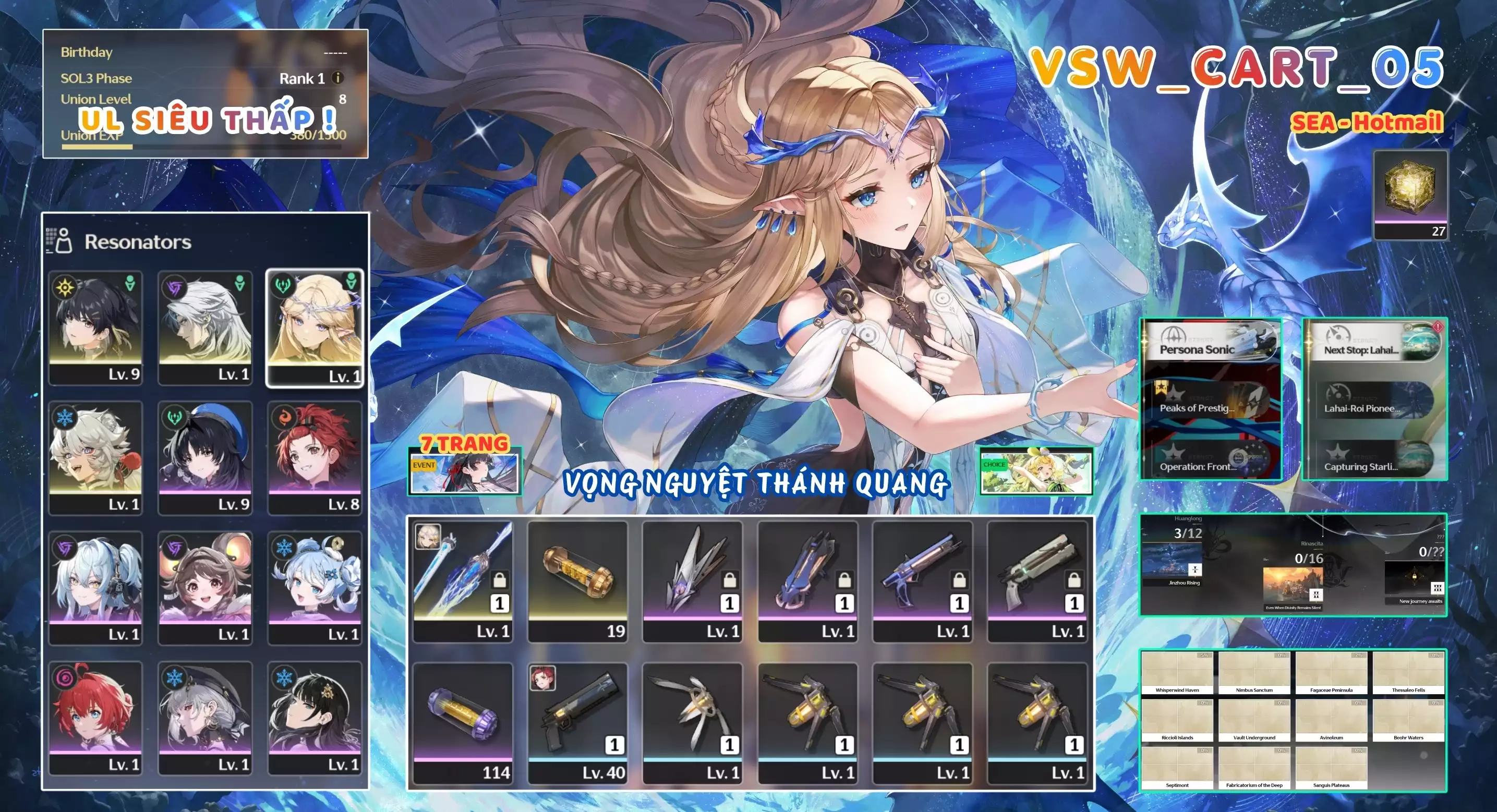 [ VSW_CART_05 SIÊU PHẨM VỌNG NGUYỆT THÁNH QUANG / UL 8 SIÊU THẤP! ] CARTETHYIA TRẤN + 1~2 CHAR 5* THƯỜNG. 7 TRANG BANNER LIMIT. ZIN BANNER 5* TỰ CHỌN. 2x ~ 3x NHỰA. ZIN NHIỀU QUEST / EVENT!!