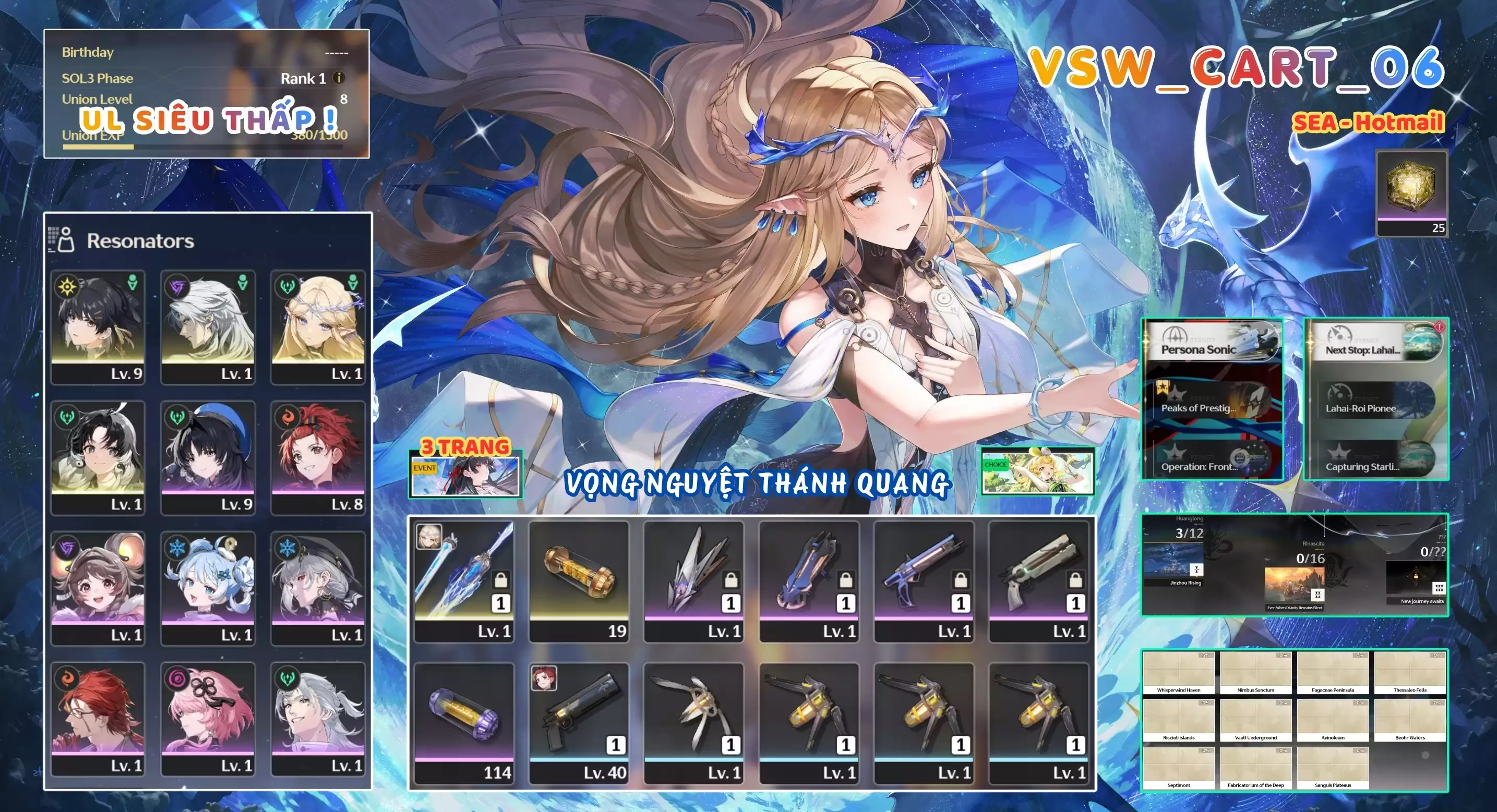 [ VSW_CART_06 SIÊU PHẨM VỌNG NGUYỆT THÁNH QUANG / UL 8 SIÊU THẤP! ] CARTETHYIA TRẤN + 1~2 CHAR 5* THƯỜNG. 3 TRANG BANNER LIMIT. ZIN BANNER 5* TỰ CHỌN. 2x ~ 3x NHỰA. ZIN NHIỀU QUEST / EVENT!!