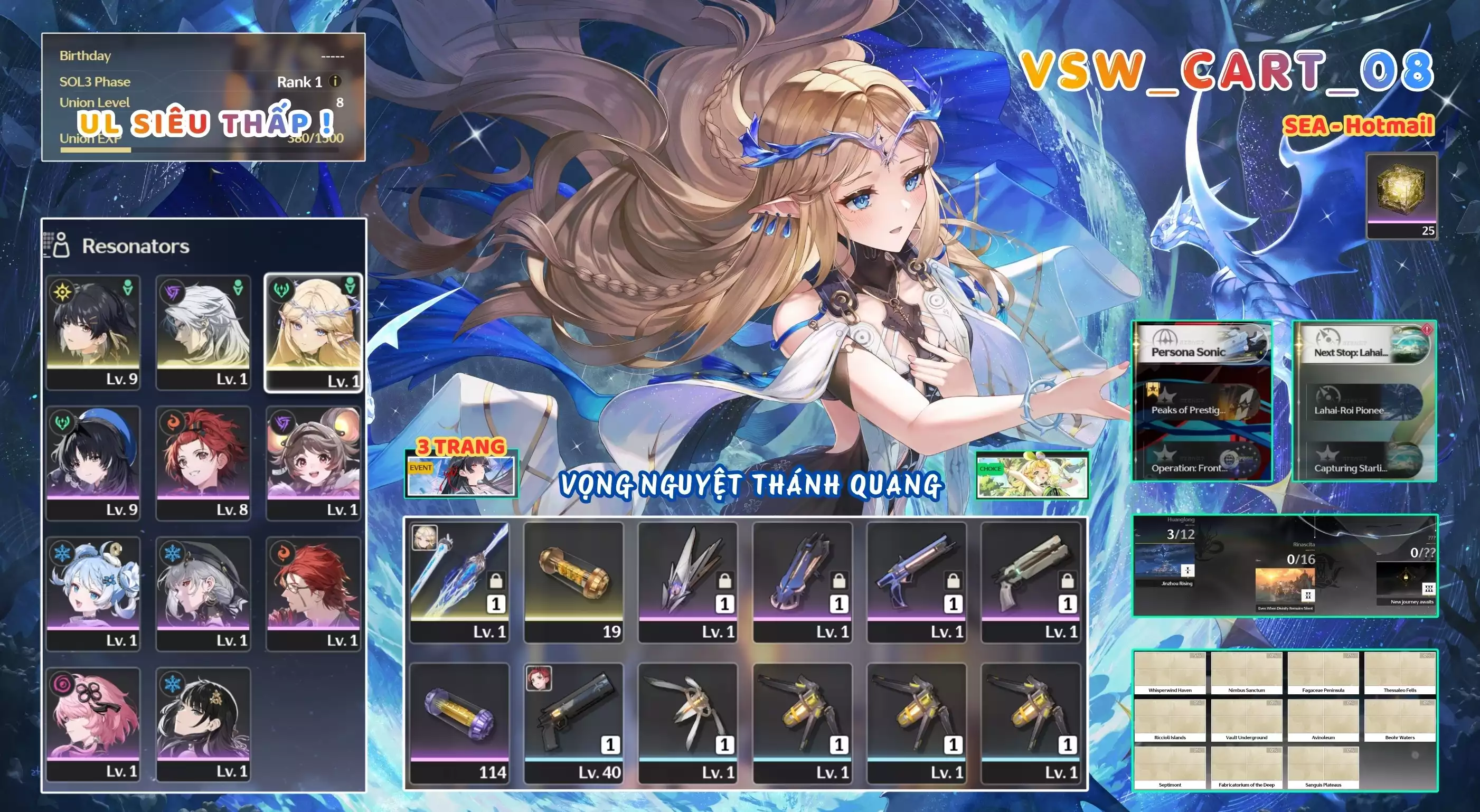 [ VSW_CART_08 SIÊU PHẨM VỌNG NGUYỆT THÁNH QUANG / UL 8 SIÊU THẤP! ] CARTETHYIA TRẤN + 1~2 CHAR 5* THƯỜNG. 3 TRANG BANNER LIMIT. ZIN BANNER 5* TỰ CHỌN. 2x ~ 3x NHỰA. ZIN NHIỀU QUEST / EVENT!!