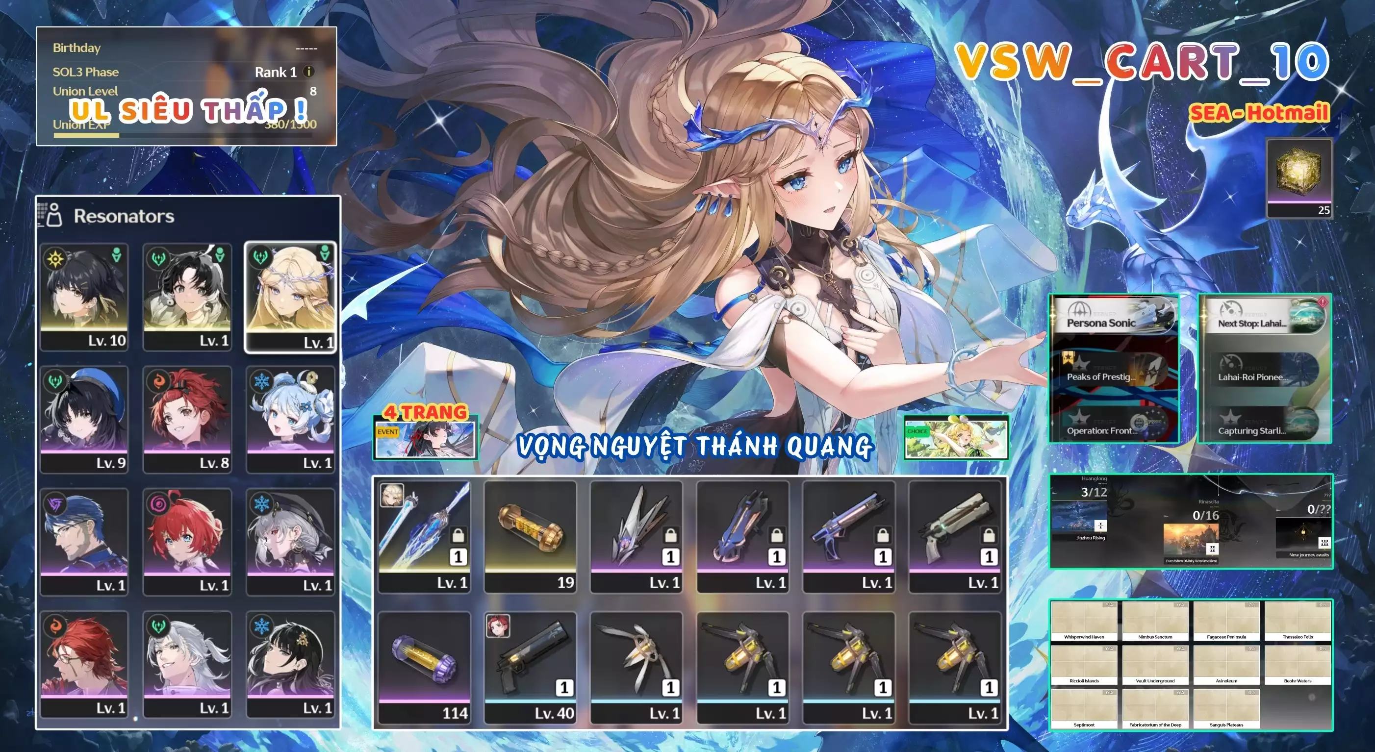 [ VSW_CART_10 SIÊU PHẨM VỌNG NGUYỆT THÁNH QUANG / UL 8 SIÊU THẤP! ] CARTETHYIA TRẤN + 1~2 CHAR 5* THƯỜNG. 4 TRANG BANNER LIMIT. ZIN BANNER 5* TỰ CHỌN. 2x ~ 3x NHỰA. ZIN NHIỀU QUEST / EVENT!!