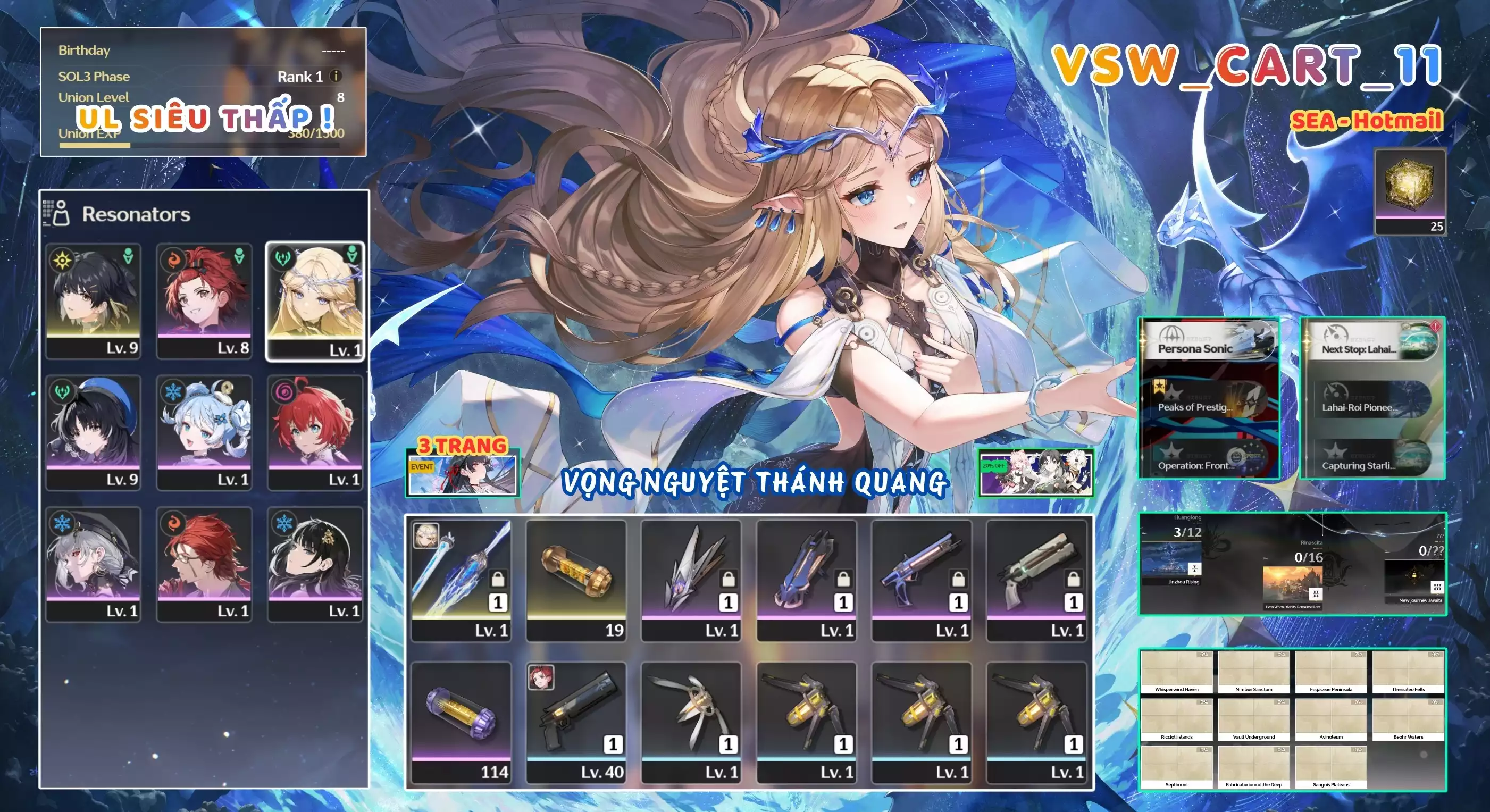 [ VSW_CART_11 SIÊU PHẨM VỌNG NGUYỆT THÁNH QUANG / UL 8 SIÊU THẤP! ] CARTETHYIA TRẤN + 1~2 CHAR 5* THƯỜNG. 3 TRANG BANNER LIMIT. ZIN BANNER 5* TỰ CHỌN. 2x ~ 3x NHỰA. ZIN NHIỀU QUEST / EVENT!!