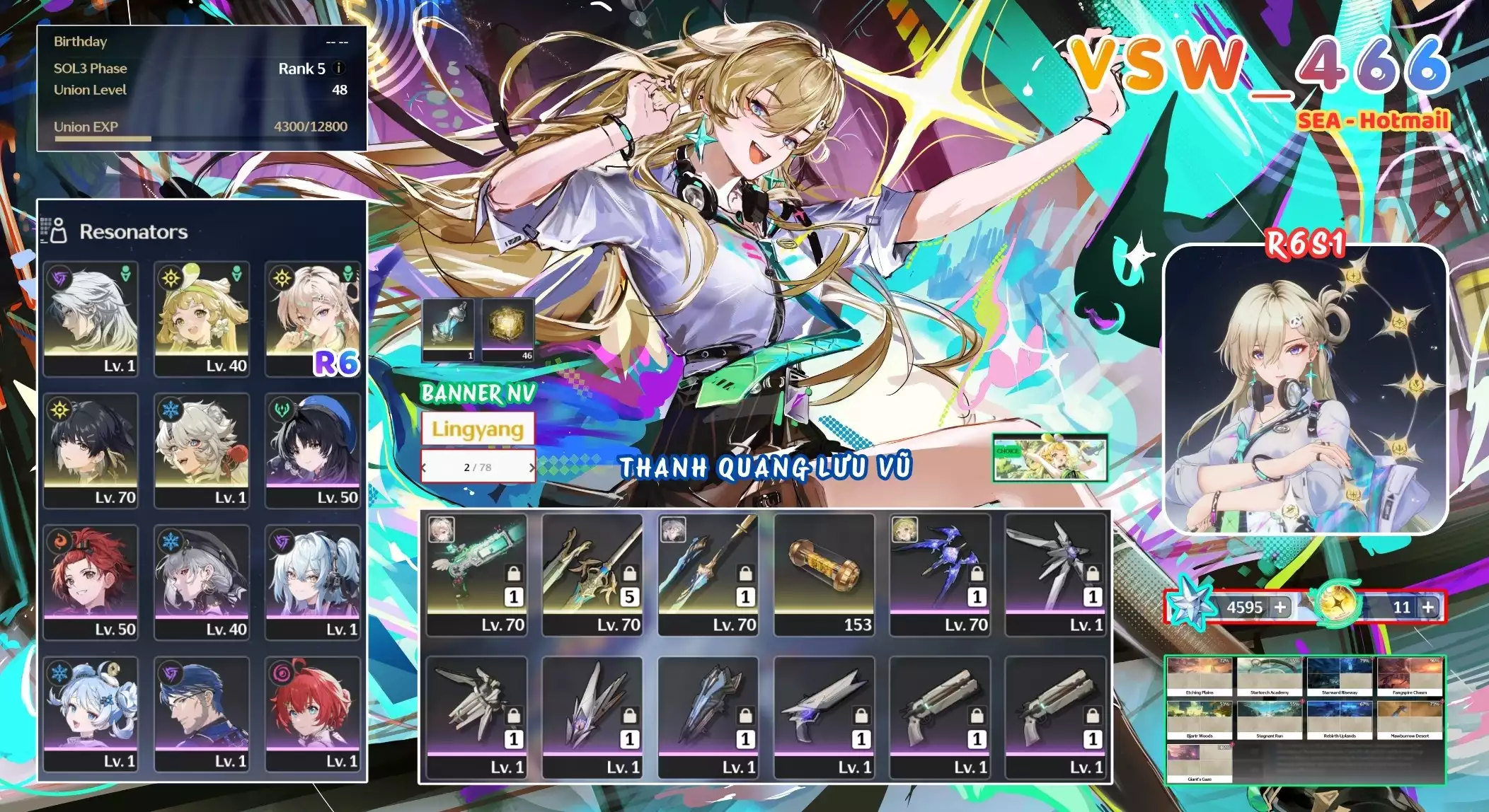 [ VSW_466 SIÊU PHẨM THANH QUANG LƯU VŨ / CHƯA SN! ] LYNEA R6 TRẤN + CALCHARO + VERINA + LINGYANG -{ 4.600 ASTRITE + 11 VÉ LIMIT }- 2 TRANG BANNER LIMIT CÓ BẢO HIỂM. ZIN BANNER 5* TỰ CHỌN. 46 NHỰA. ZIN NHIỀU QUEST / EVENT!!