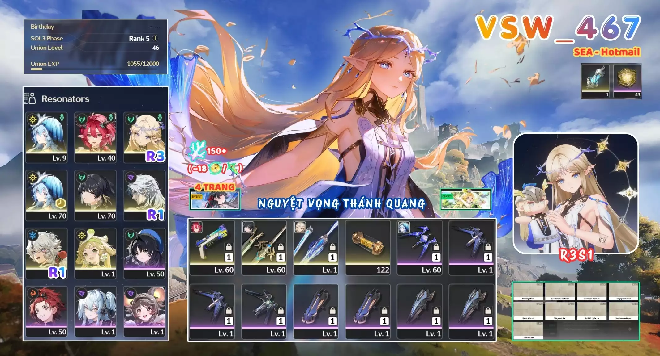 [ VSW_467 SIÊU PHẨM VỌNG NGUYỆT THÁNH QUANG / CHƯA SN! ] CARTETHYIA R3 TRẤN + CIACCONA + SHOREKEEPER + CALCHARO R1 + VERINA + LINGYANG R1 -{ 150 SAN HÔ }- 4 TRANG BANNER LIMIT. 43 NHỰA. ZIN BANNER 5* TỰ CHỌN. CÒN NHIỀU QUEST / EVENT!