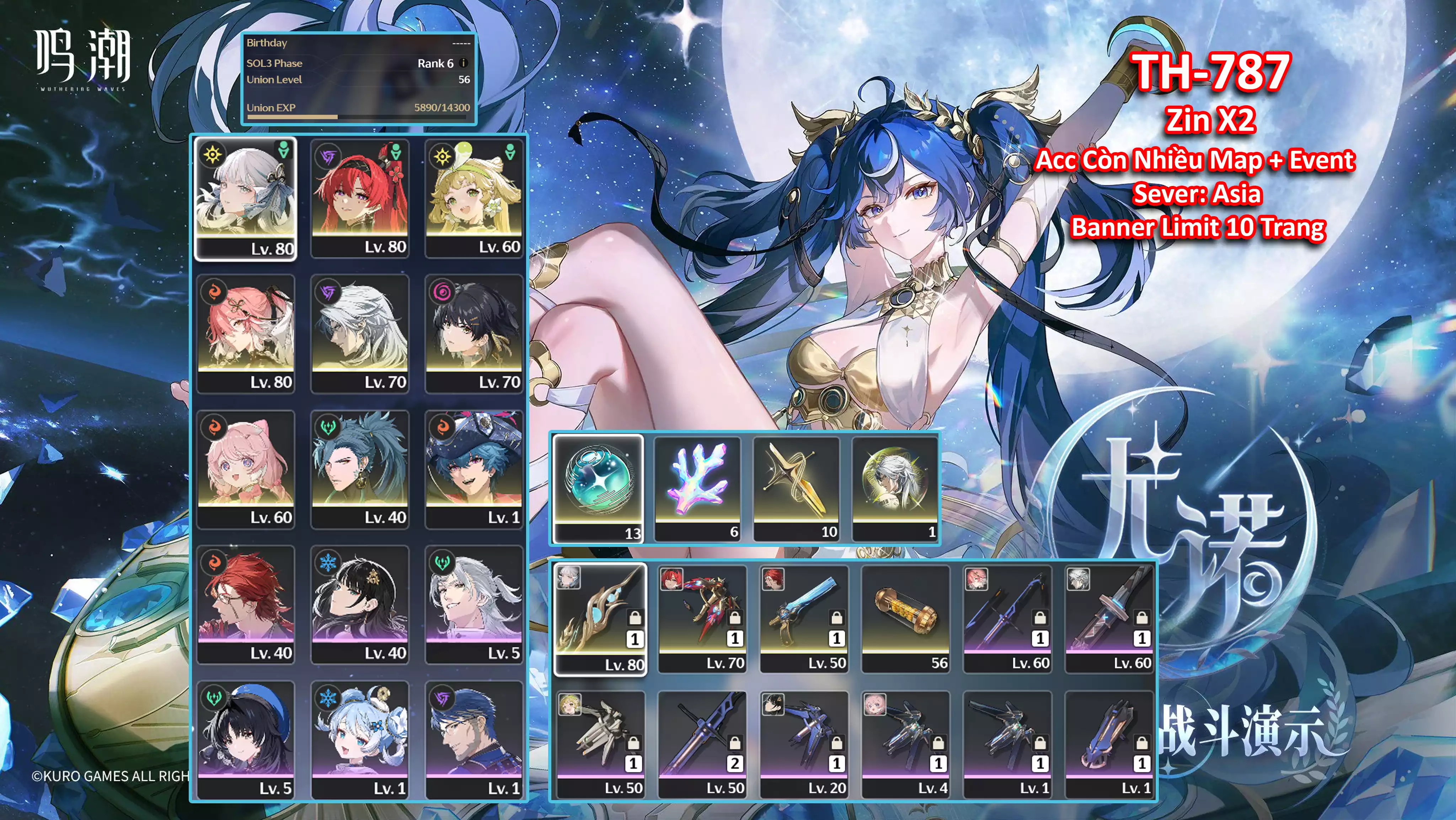 [Siêu Phẩm Acc Còn Nhiều Map + Roll ] TH-787 Jinhsi (Trấn) + Yilin (Trấn) + Changli + Jiyan + Brant + Banner limit 10 trang sẵn team cho ae chờ Aemeath