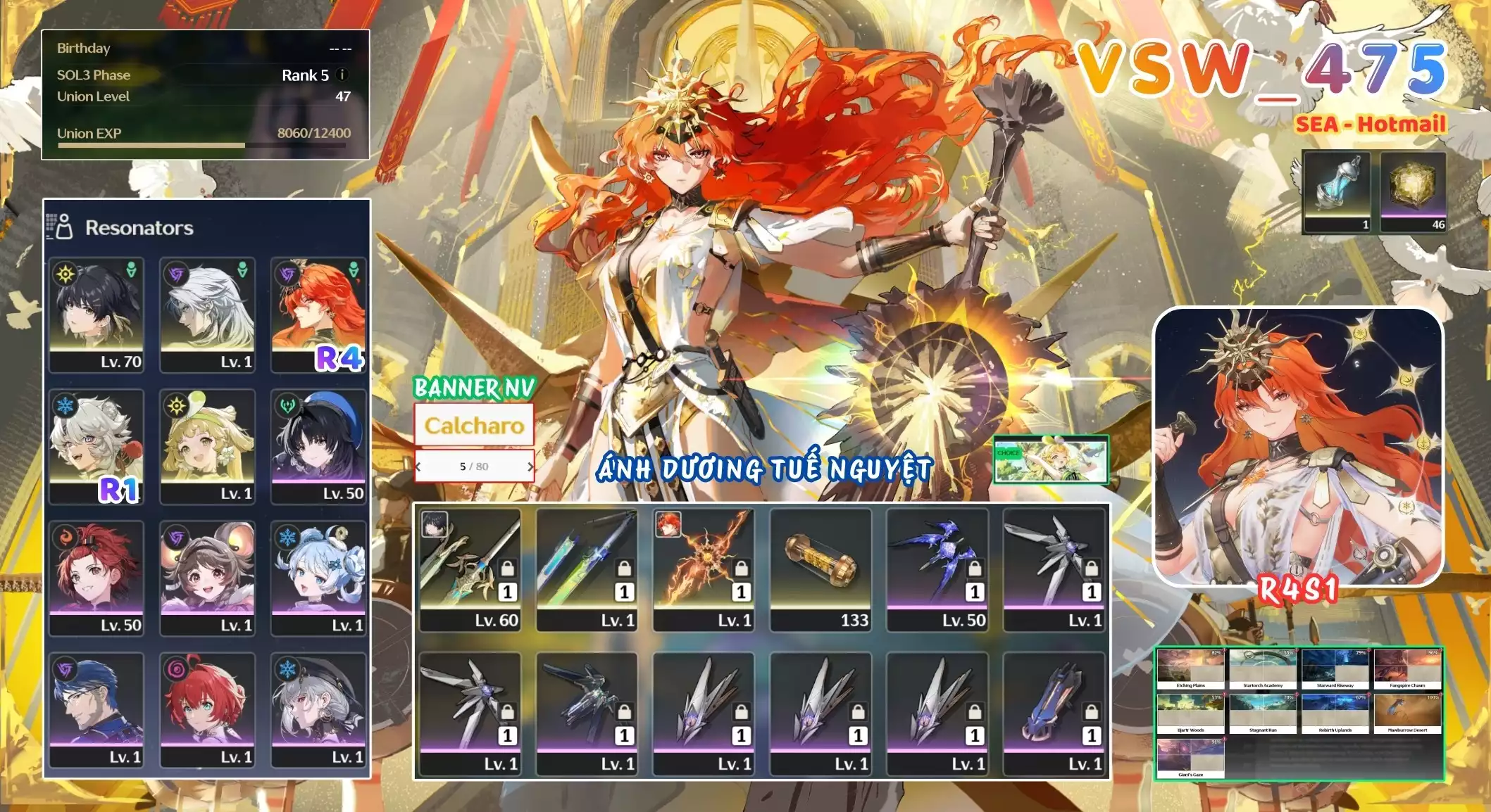 [ VSW_475 SIÊU PHẨM ÁNH DƯƠNG TUẾ NGUYỆT / CHƯA SN! ] AUGUSTA R4 TRẤN + VERINA + CALCHARO + MAIN TRẤN. 5 TRANG BANNER LIMIT CÓ BẢO HIỂM. 46 NHỰA. ZIN BANNER 5* TỰ CHỌN. CÒN NHIỀU QUEST / EVENT!