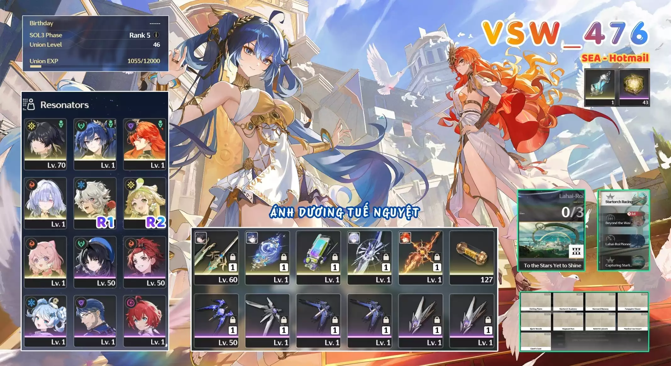 [ VSW_476 SIÊU PHẨM ÁNH DƯƠNG TUẾ NGUYỆT / CHƯA SN! ] MORNYE TRẤN + AUGUSTA TRẤN + IUNO TRẤN + VERINA R2 + ENCORE + LINGYANG R1. 43 NHỰA. CÒN NHIỀU QUEST / EVENT!