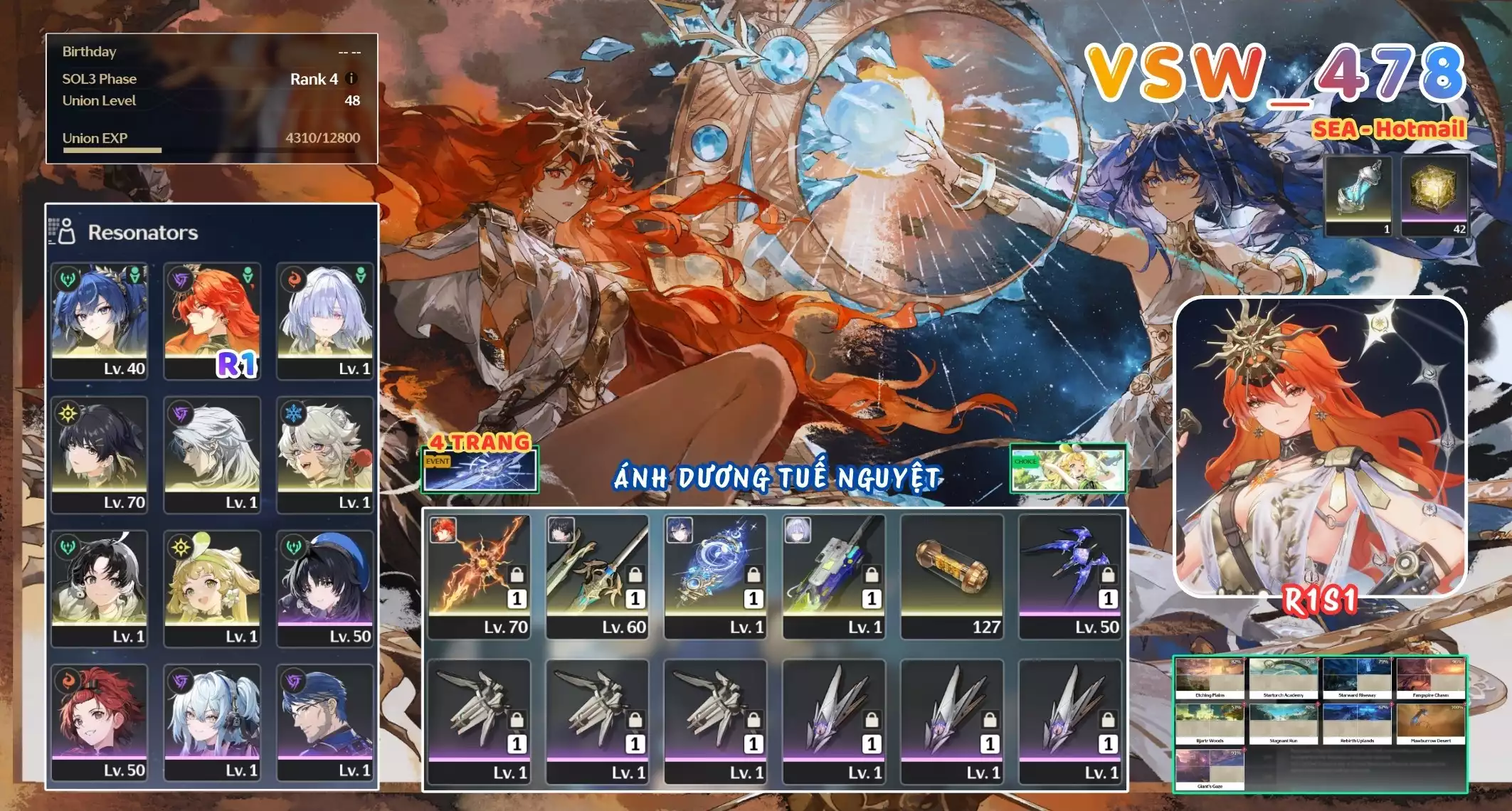 [ VSW_478 SIÊU PHẨM ÁNH DƯƠNG TUẾ NGUYỆT / CHƯA SN! ] MORNYE + AUGUSTA R1 TRẤN + IUNO TRẤN + CALCHARO + VERINA + JIANXIN. 4 TRANG BANNER TRẤN. 42 NHỰA. ZIN BANNER 5* TỰ CHỌN. CÒN NHIỀU QUEST / EVENT!