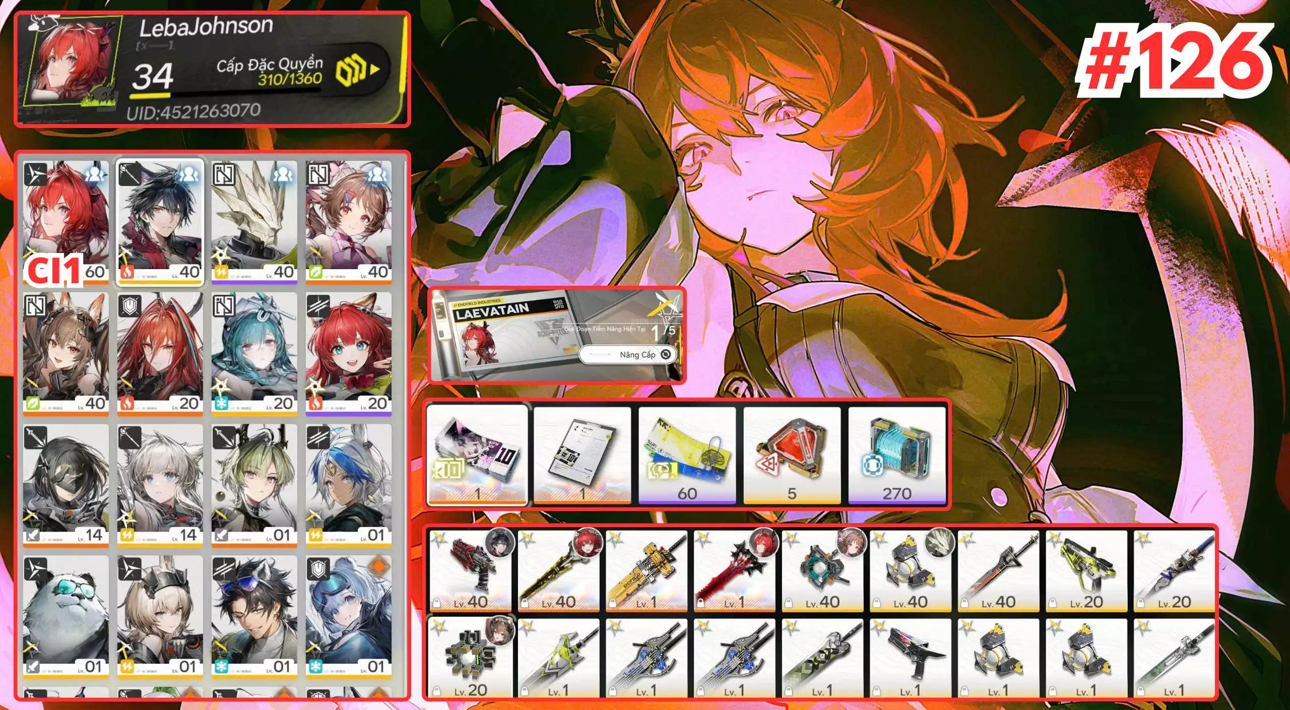 [ ACC VIP SIÊU PHẨM SIÊU ĐỈNH ] AK 84 Laevatain Cung mệnh 1 kèm trấn + EMBER + Gilberta + Ardelia + Main Trấn